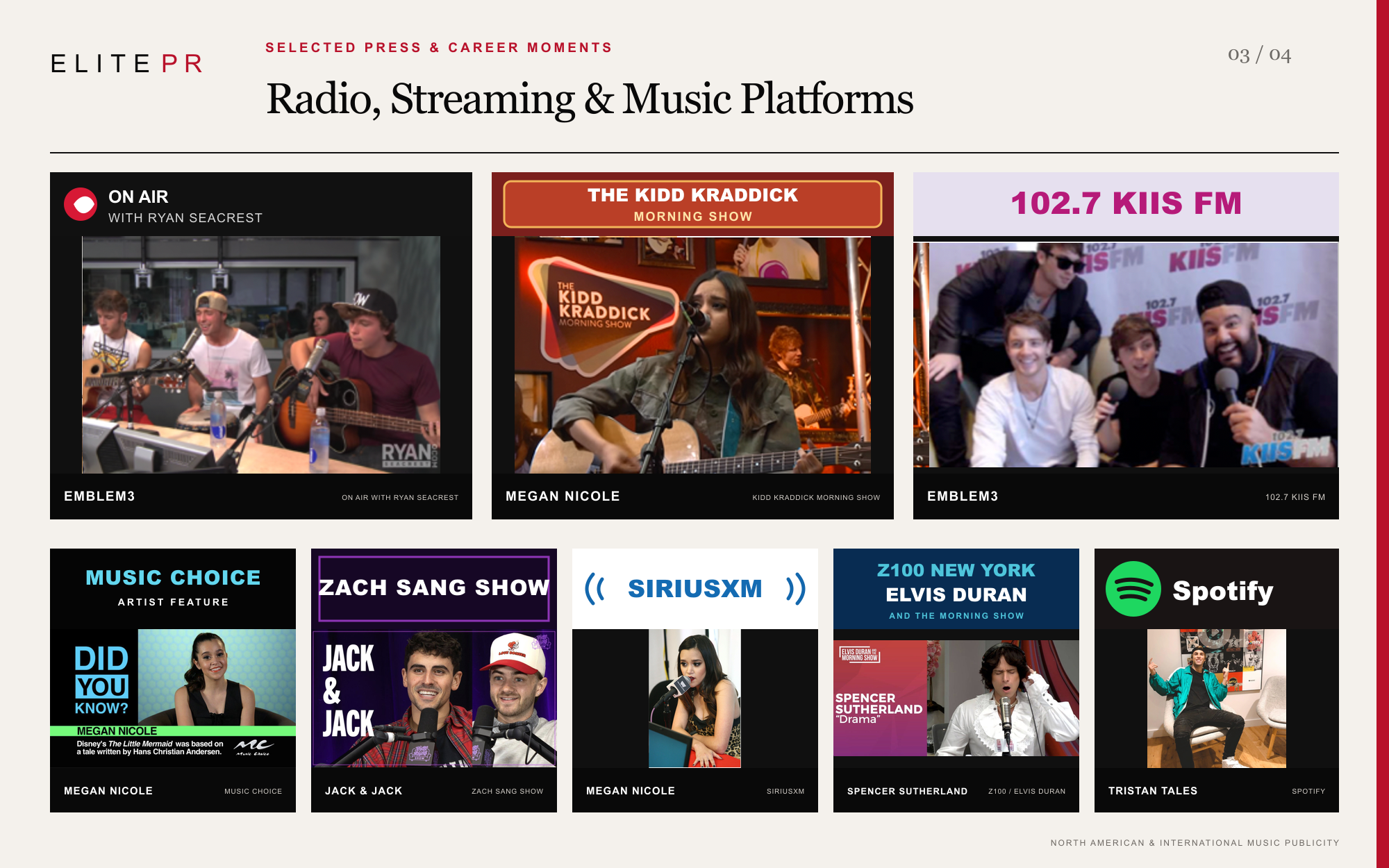 Screenshot of a music streaming and radio platform showing various artists and shows, including 'On Air with Ryan Seacrest,' 'The Kidd Kraddick Morning Show,' and '102.7 KIIS FM,' with images of musicians and hosts.