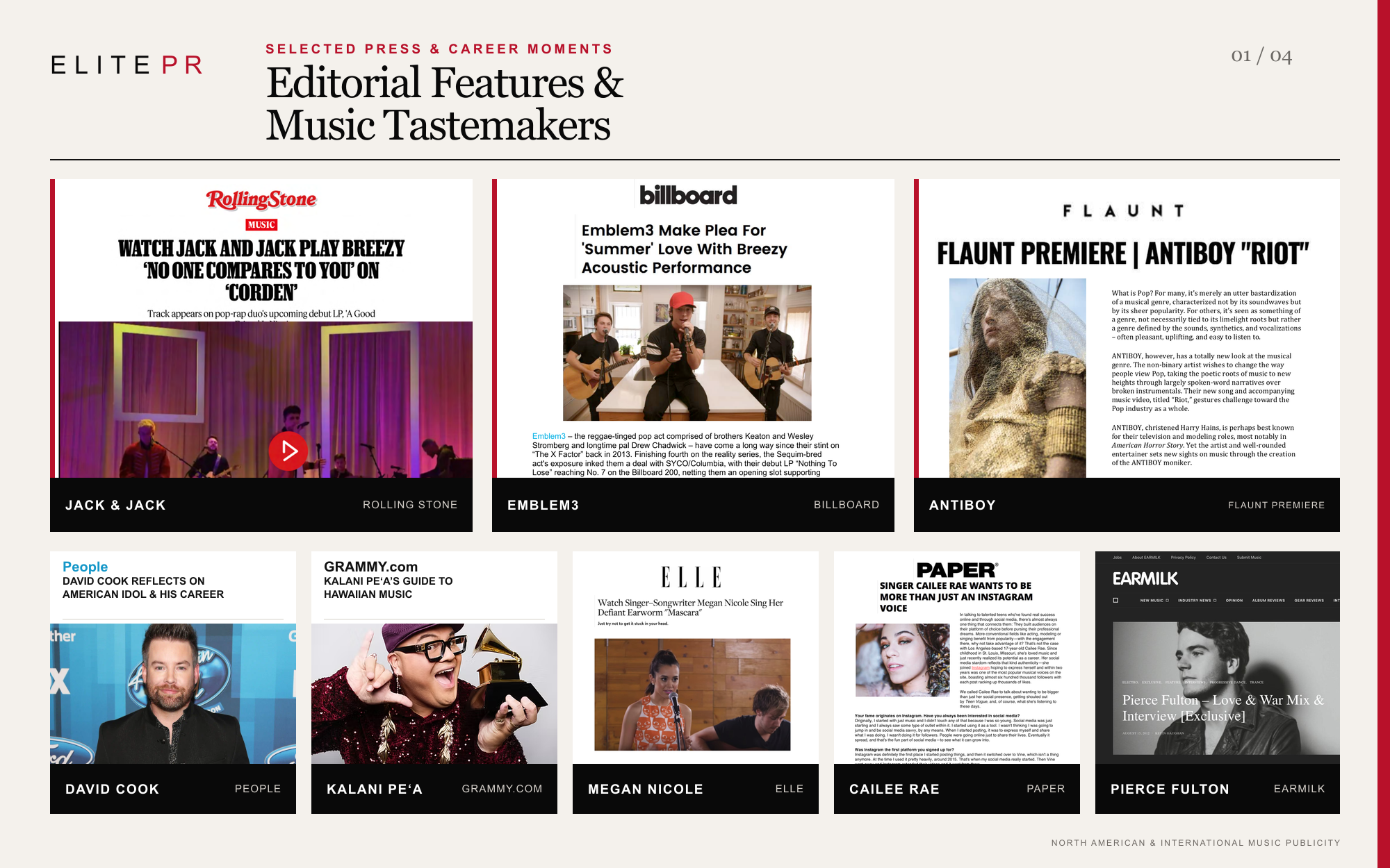 Sample of music and entertainment news website displaying articles about various Elite PR music artists, events, and reviews.