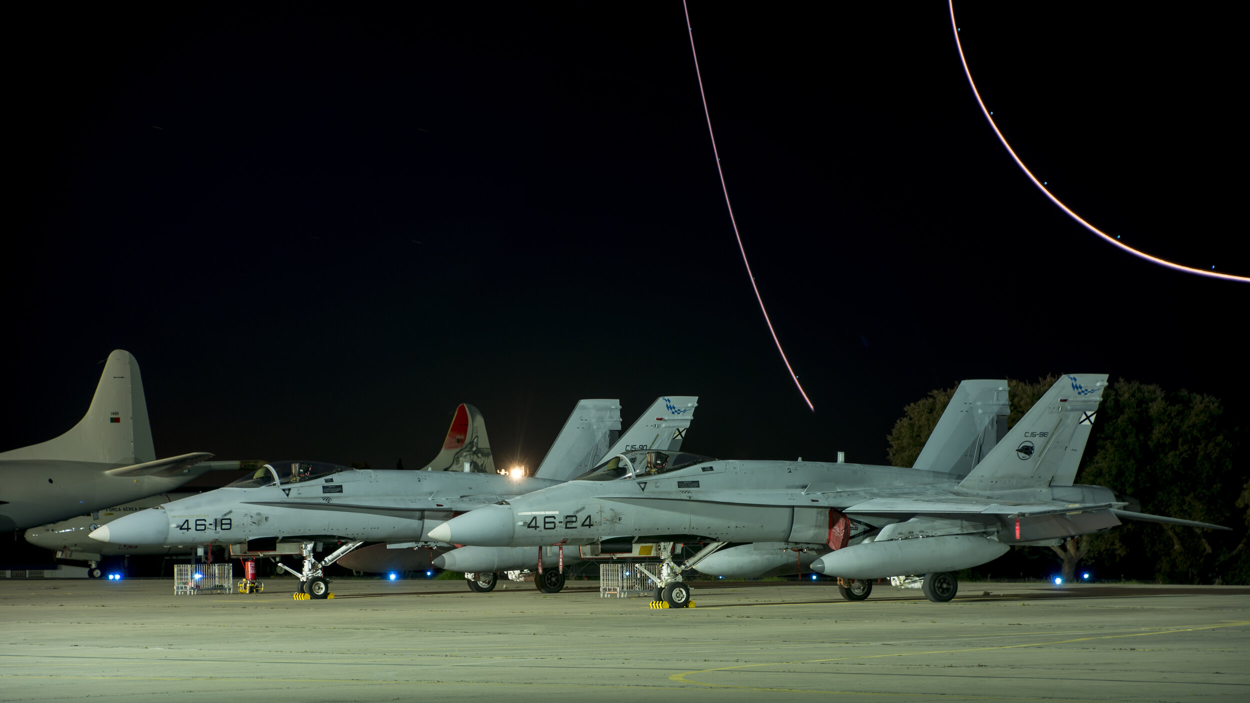 FAP BA 11 Beja, Portugal. Real Thaw 2017. C.15-96 & C.15-90 McDonnell Douglas EF-18A+ Spanish Air Force Hornets with Afterburner Trails from 2 FAP F-16's from Take Off