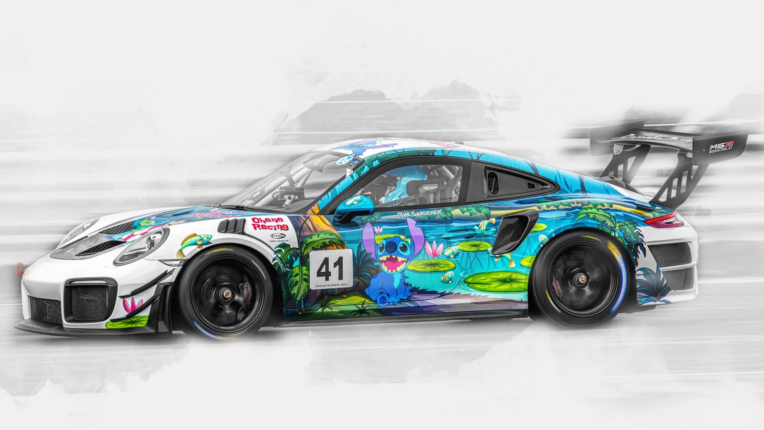 Race car with colorful animated character design and number 41 on side