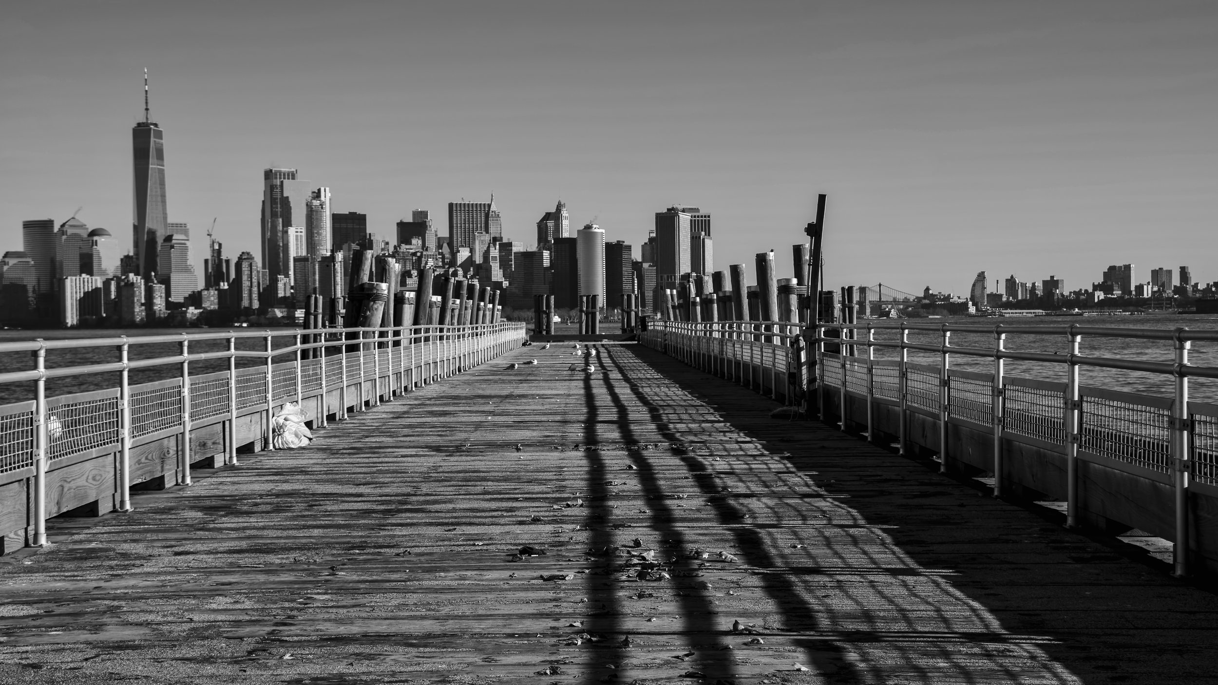 Liberty Island Pier with Lower Manhattan Skyline, New York, USA