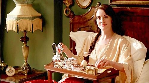 I was delighted to discover that in Lady Mary's bedroom she has the same lampshades as the ones in my Library at home in Scotland.