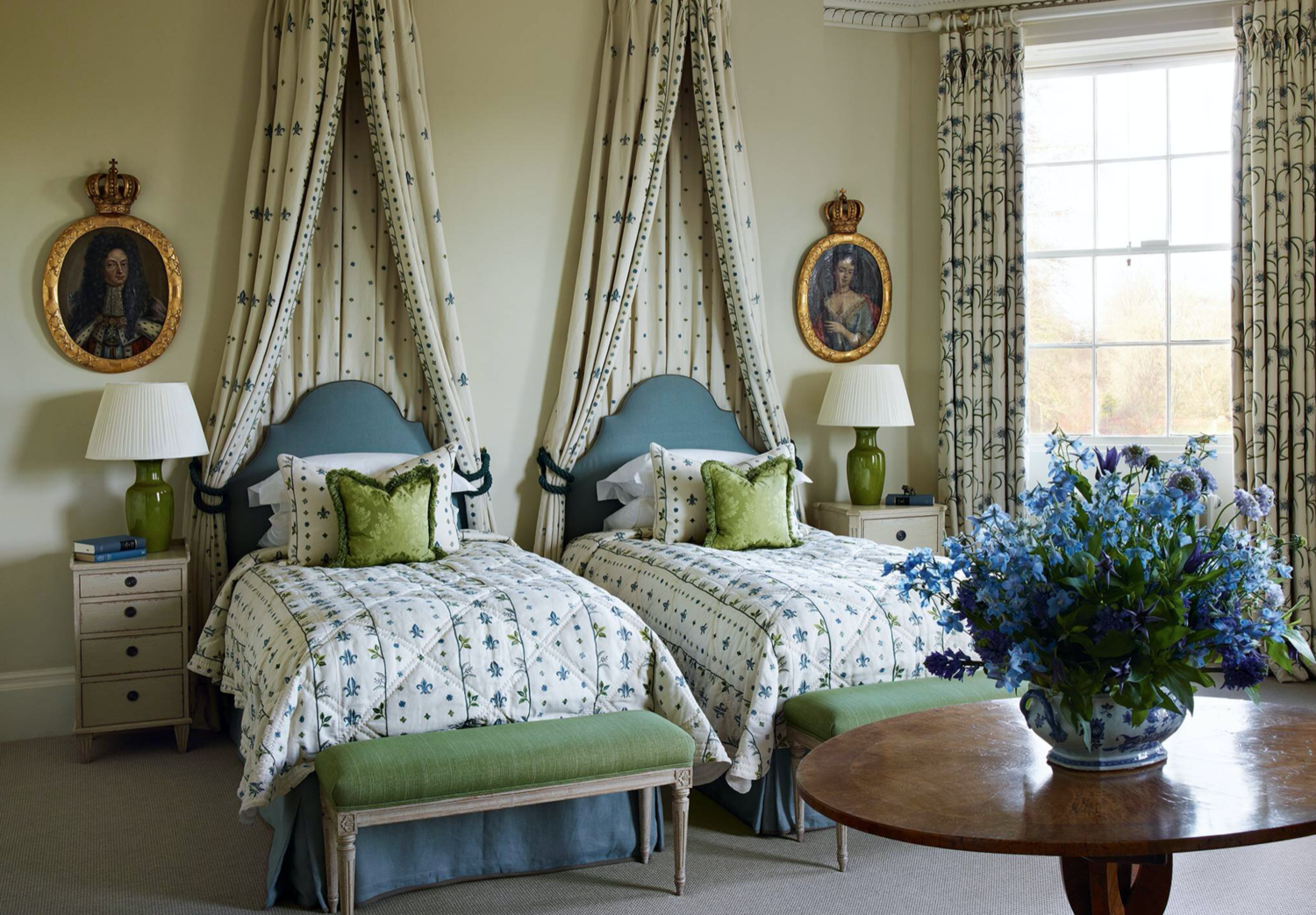 A bedroom at Pusey House, the home of Chelsea Textiles founder Mona Perlhagen. Photo by Simon Upton