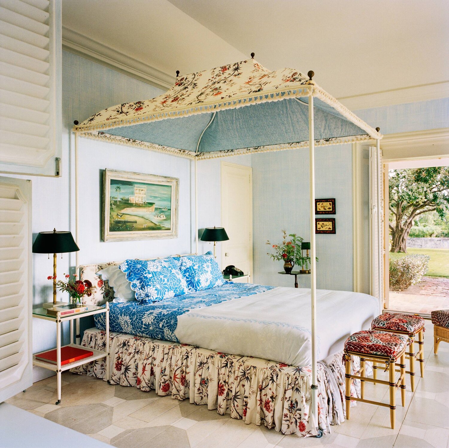 The bedroom has a charming bed that was inspired by the one Bunny Mellon had in this exact room.