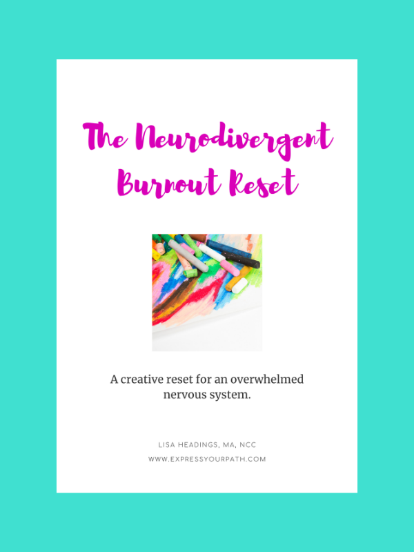 Brochure titled 'The Neurodivergent Burnout Reset' with a subtitle 'A creative reset for an overwhelmed nervous system,' featuring an image of colorful chalks on a painted surface. Website at the bottom.