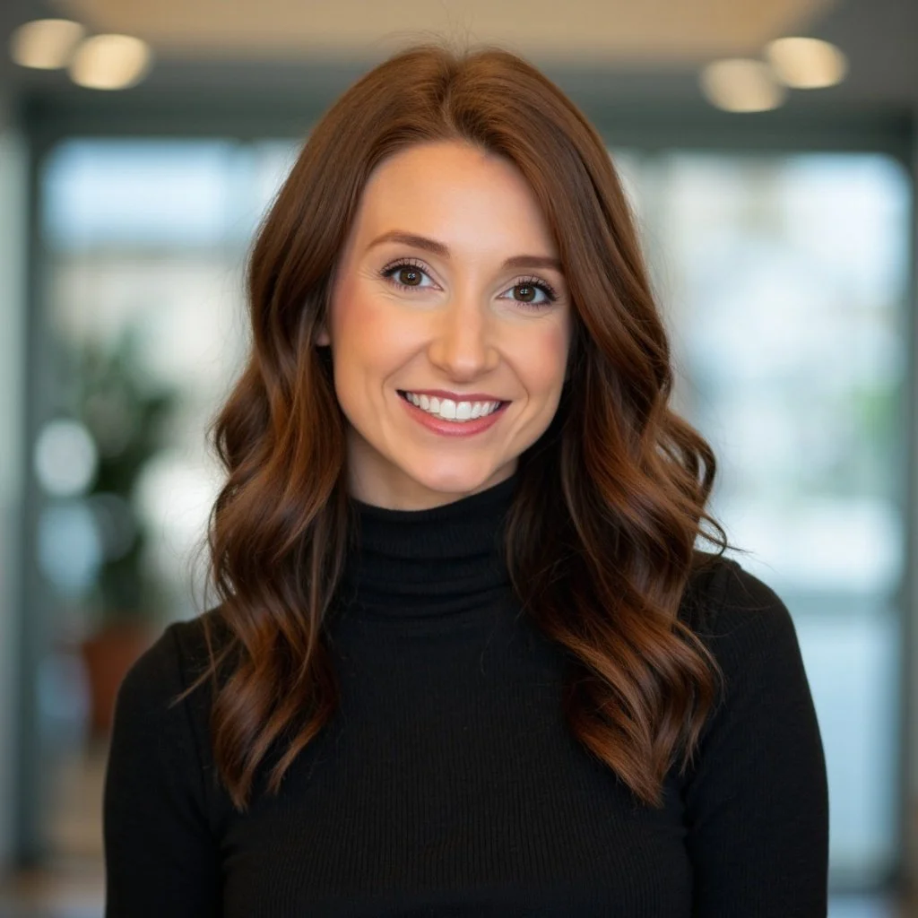 Portrait of a smiling woman with long, wavy, reddish-brown hair wearing a black turtleneck, standing indoors with a blurred background.
