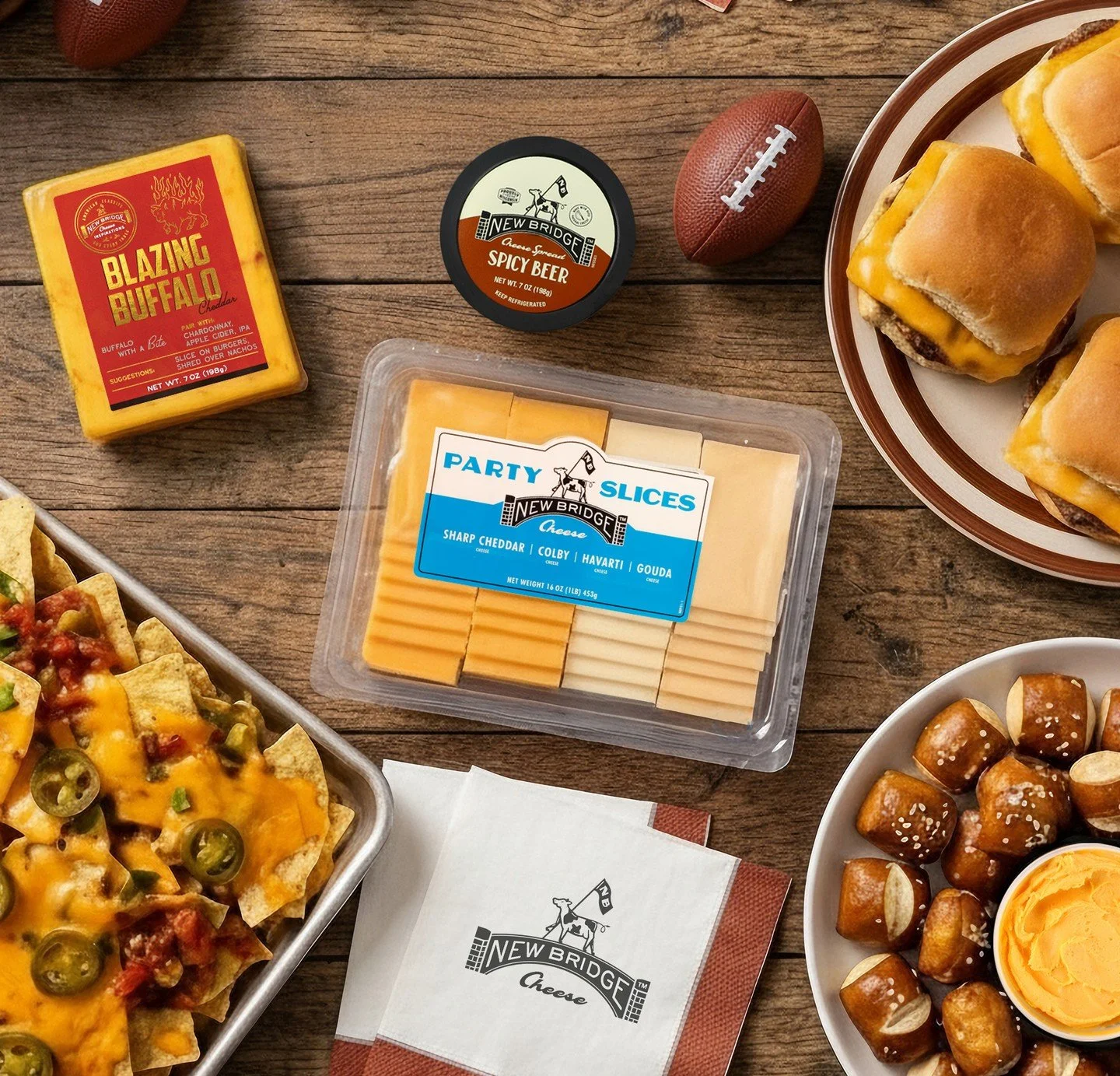 Super Bowl snacks, handled by New Bridge. Our Party Slices, Spicy Beer Spread, Blazing Buffalo Cheddar, and a table that&rsquo;s ready for kickoff.