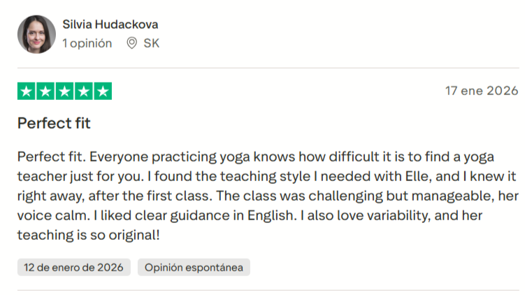 5-star yoga class review for Elligned by Silvia, mentioning Elle's original teaching style, calm voice, and clear English guidance for a challenging yet manageable practice.