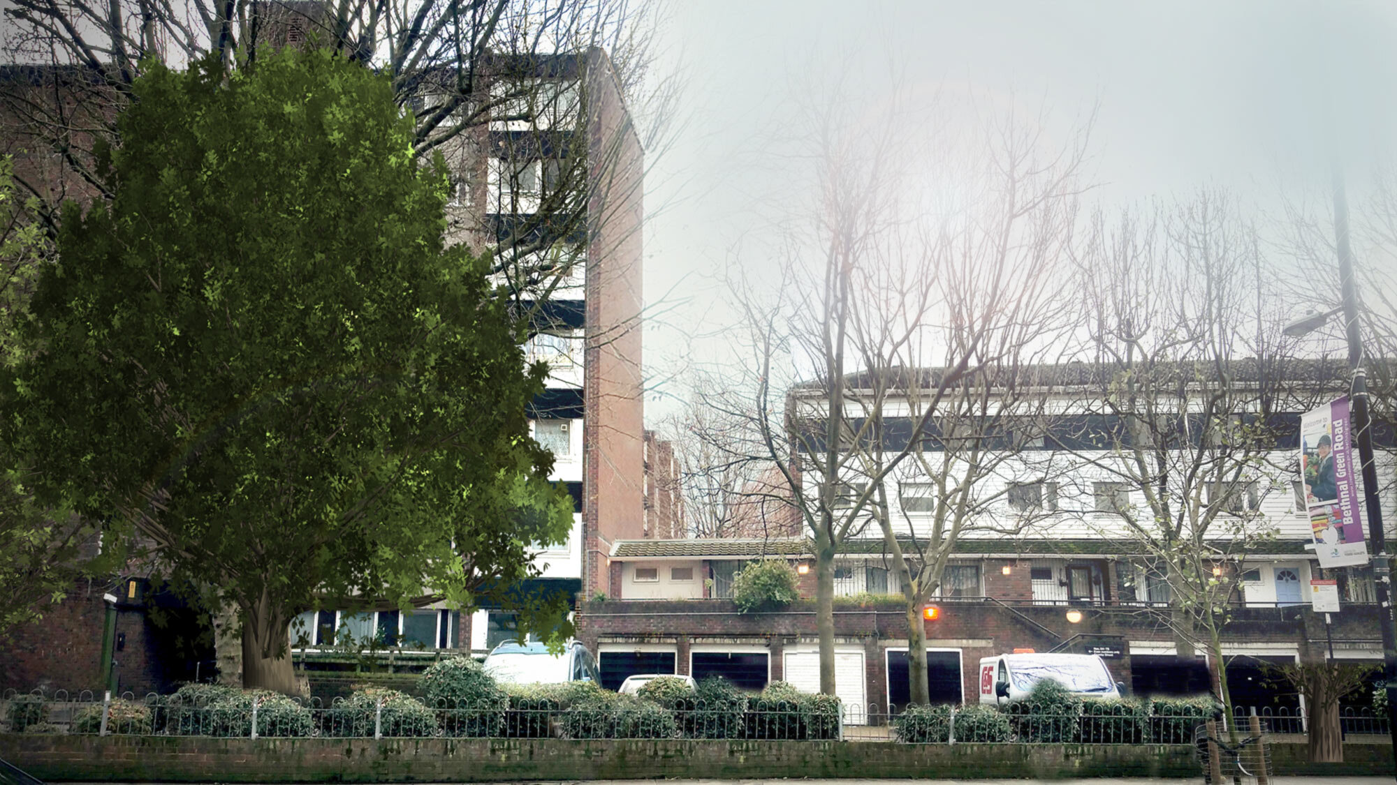 The original house is sandwiched between two high buildings, with a large void above it.