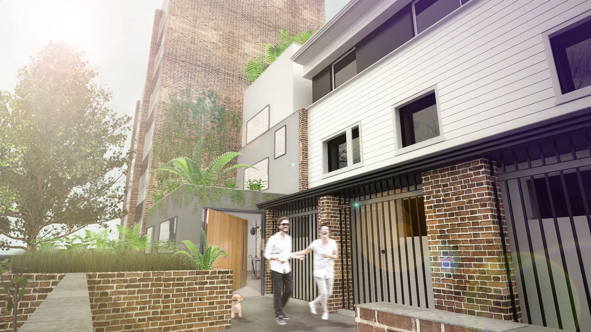 What was a  dark dead-end pathway outside the original house is transformed into a bright green space and a new entrance way and vestibule. 