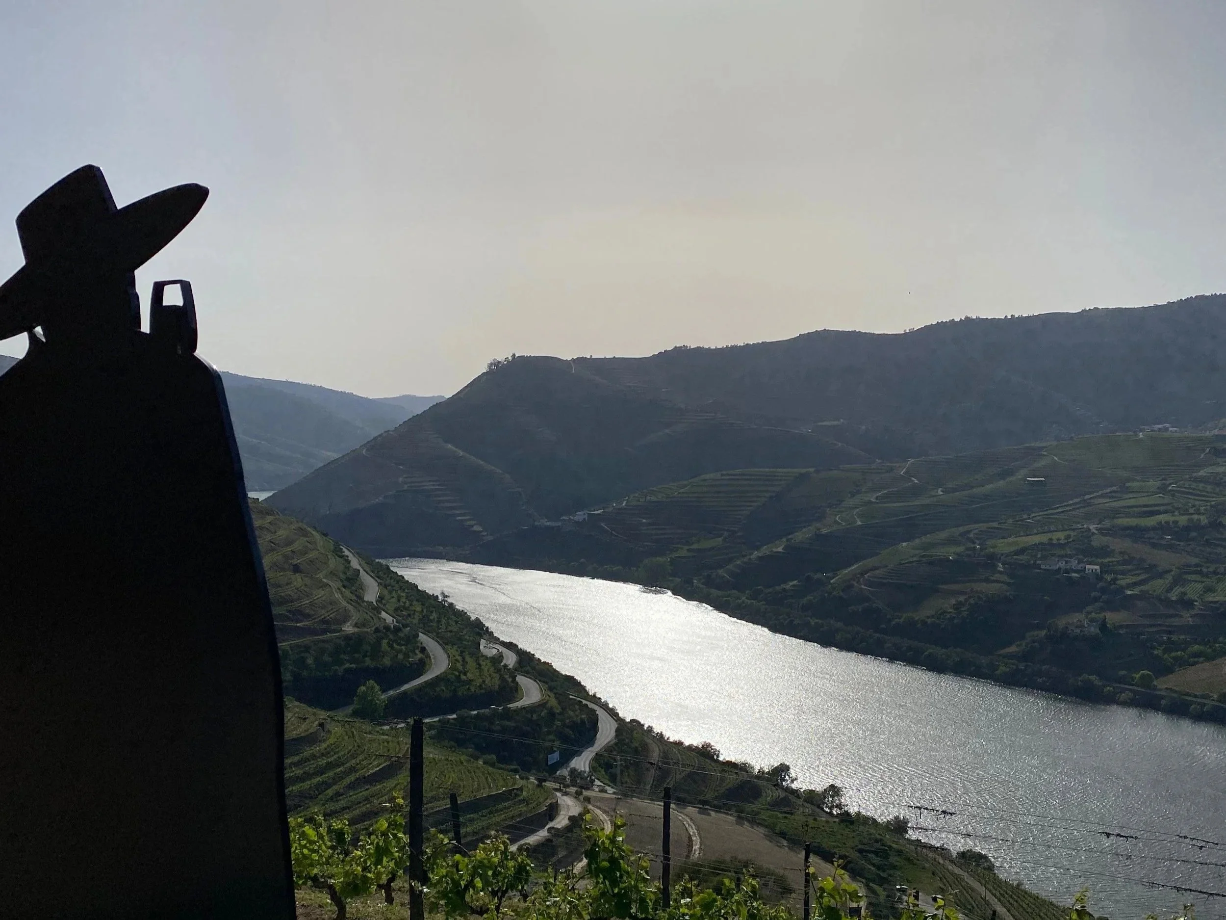 The Sandeman Don silhouette above the Douro River at Quinta do Seixo.