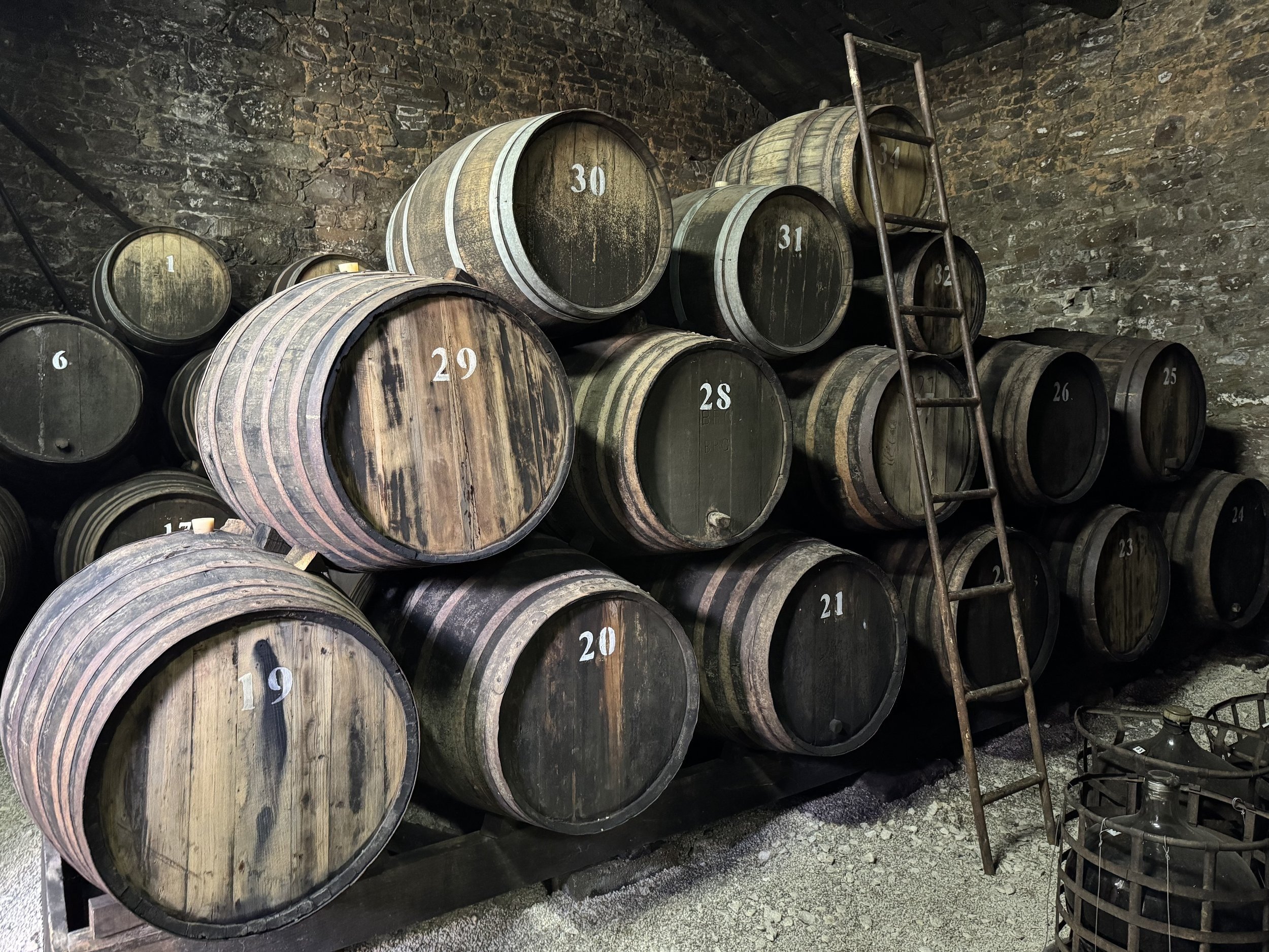 Numbered Port casks stacked in a Douro cellar.