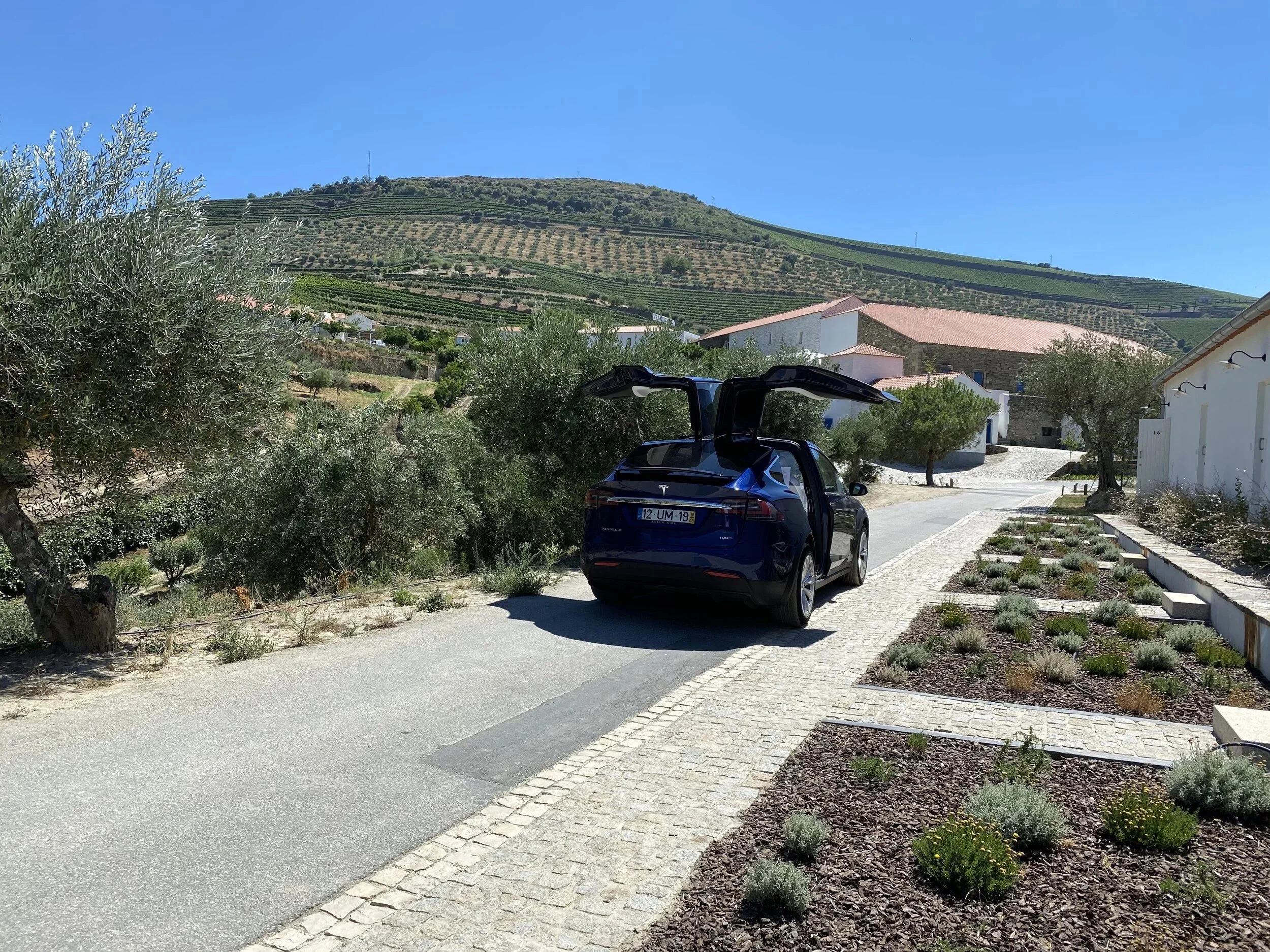 A Tesla Model X with its falcon doors open on a Douro estate road.