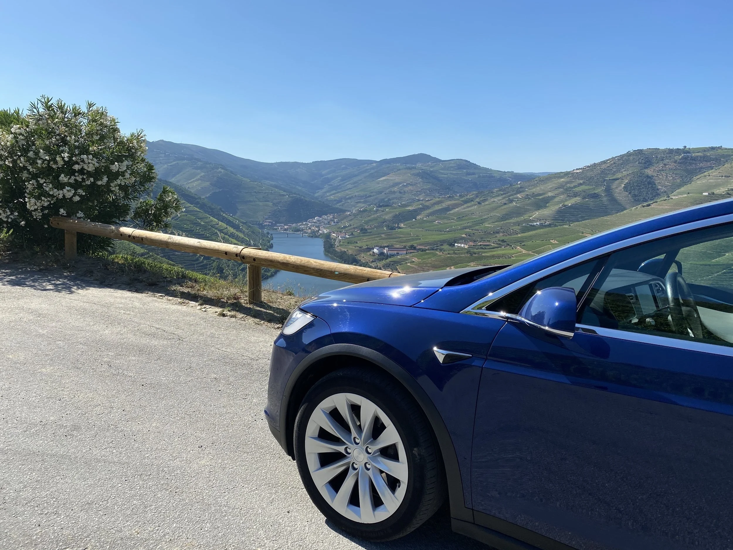 The Tesla at a viewpoint above the Douro Valley.