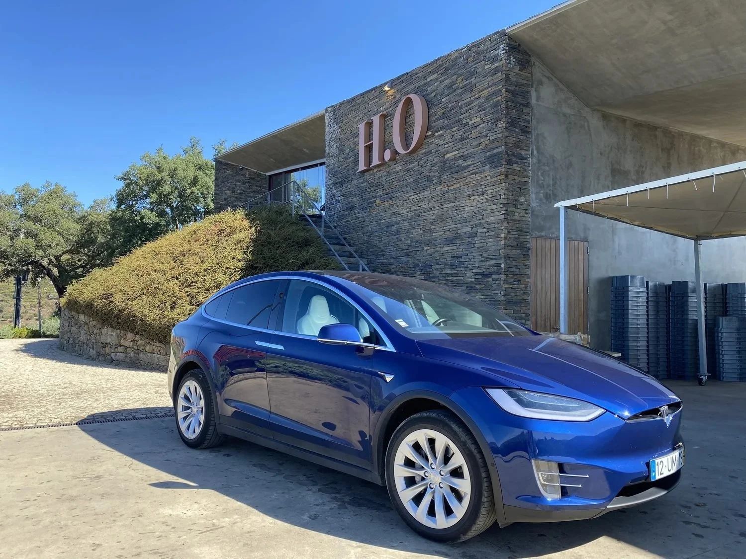 A blue Tesla outside the H.O winery