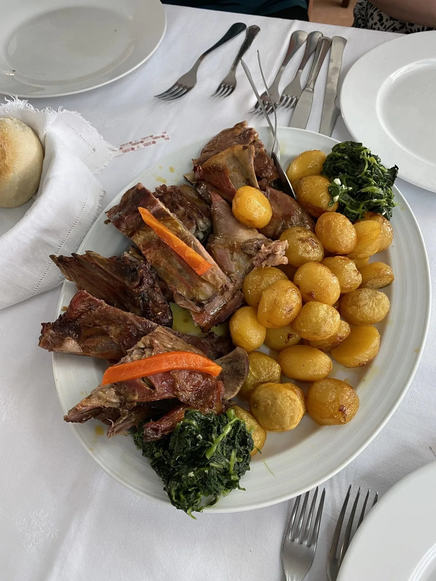 Roast meat and potatoes at a traditional lunch