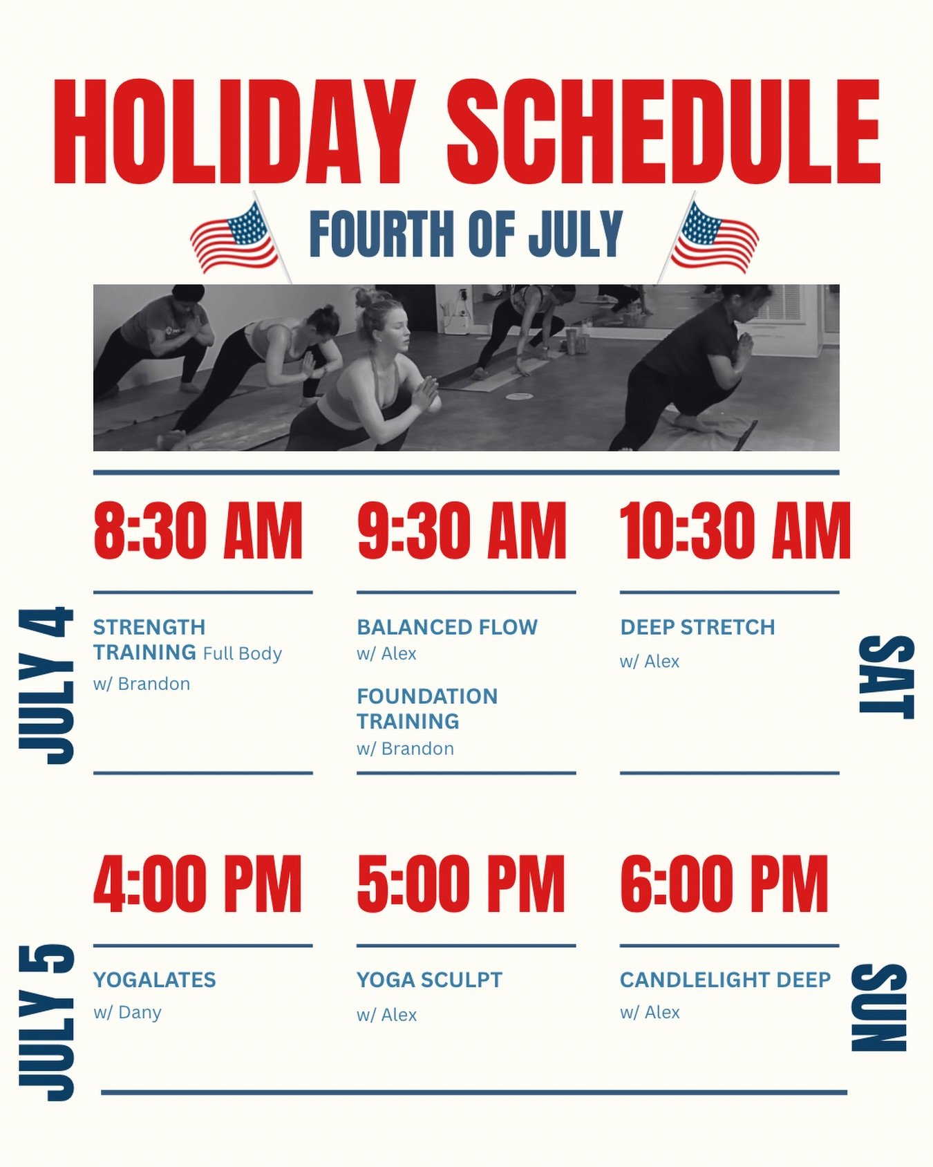 See you at RE this weekend!
🇺🇸 

🎇 Don&rsquo;t forget, our Semi-annual sale of 6 mo of unlimited yoga and strength classes for $420 ends 7/4! 

#hotyogamatthews #summersale #4thofjuly
