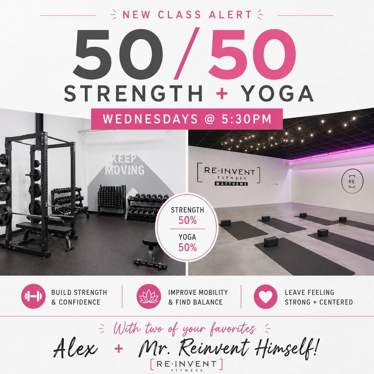 🔥 Meet your new favorite midweek workout! 🔥

Introducing 50/50 Strength + Yoga&mdash;the best of both worlds in one energizing class!

💪 50% Circuit-Style Strength Training to build strength and confidence.
🧘&zwj;♀️ 50% Hot Yoga to improve mobili