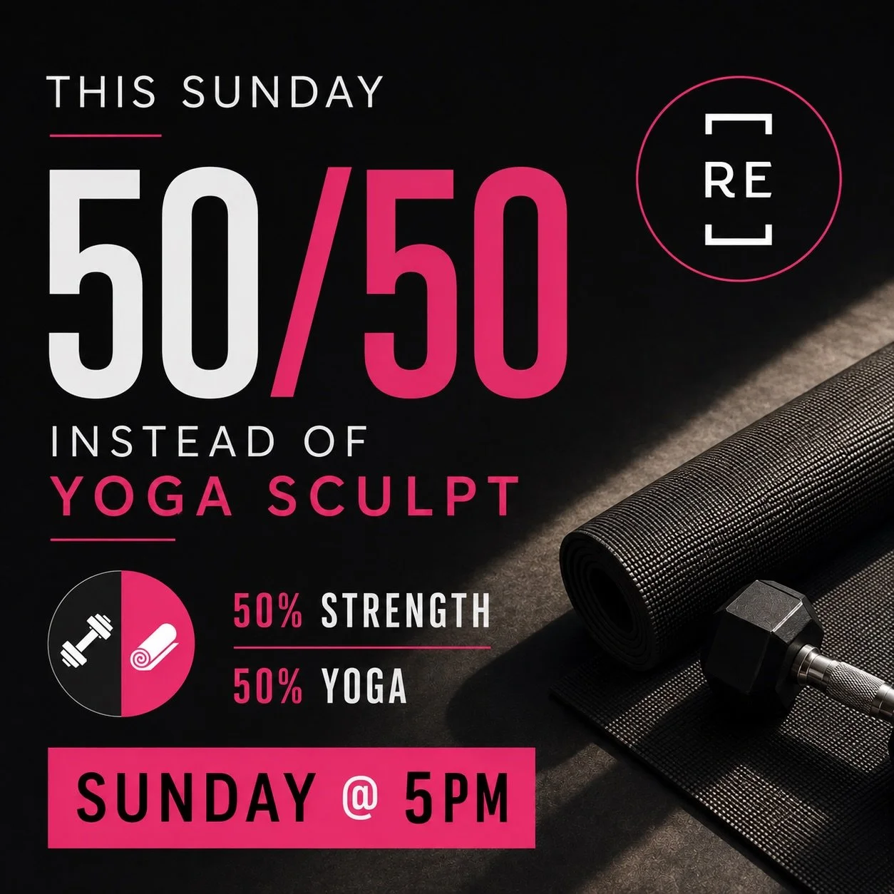 🚨 Change in the schedule this Sunday!

Join us for 50/50 at 5pm.  Half strength and half yoga.

Regularly scheduled days and times for 50/50 are:

💪 Wed | 5:30pm
💪 Fri | 6:45am

Come join us!