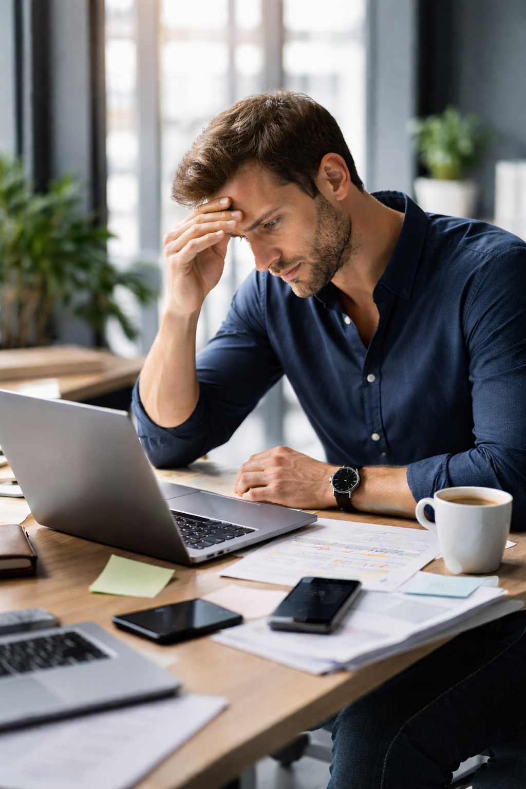 Entrepreneur working at a desk while surrounded by digital notifications, illustrating how constant interruptions and poor habits reduce focus, decision quality, and performance.
