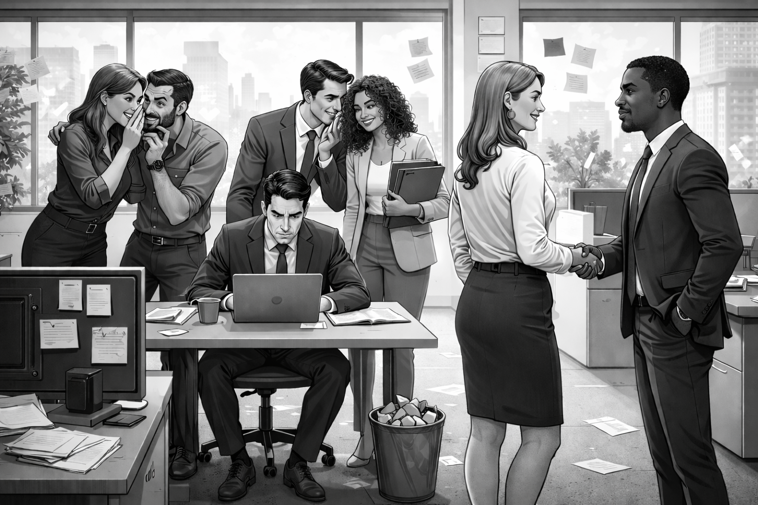 Illustrative representation of office politics, highlighting the tension between individual productivity and informal influence structures within modern organizations.