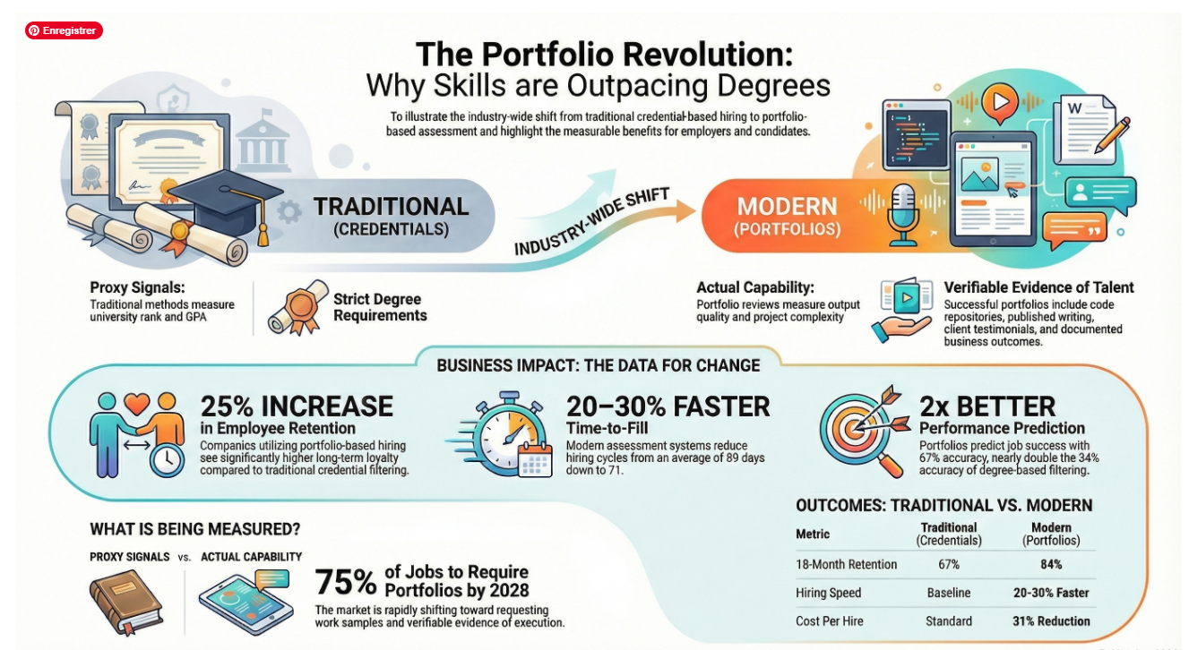 Infographic comparing traditional degree-based hiring with portfolio-based hiring, showing 25% higher retention, 20–30% faster hiring, and 2x better performance prediction.