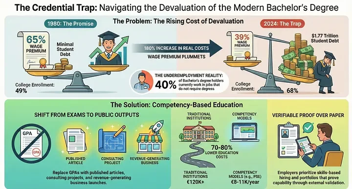 Line graph showing the decline in the bachelor’s degree wage premium relative to high school graduates from 1980 to 2024.