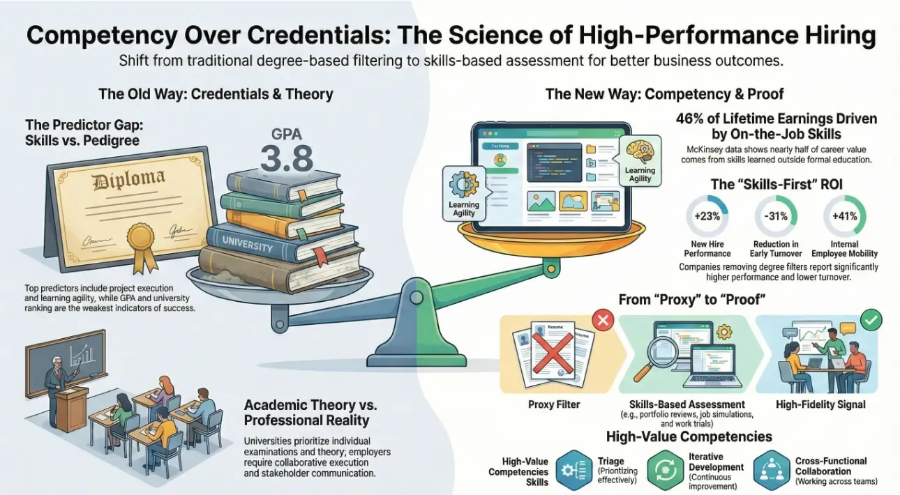Chart illustrating McKinsey hiring data showing skills and demonstrated work predict job performance more accurately than academic degrees or GPA.