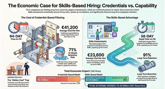 Infographic comparing skills-based hiring vs degree-based hiring showing lower cost per hire (€23,600 vs €41,200), faster time-to-fill (58 vs 94 days), and higher retention (91% vs 71%) when using skills assessments.