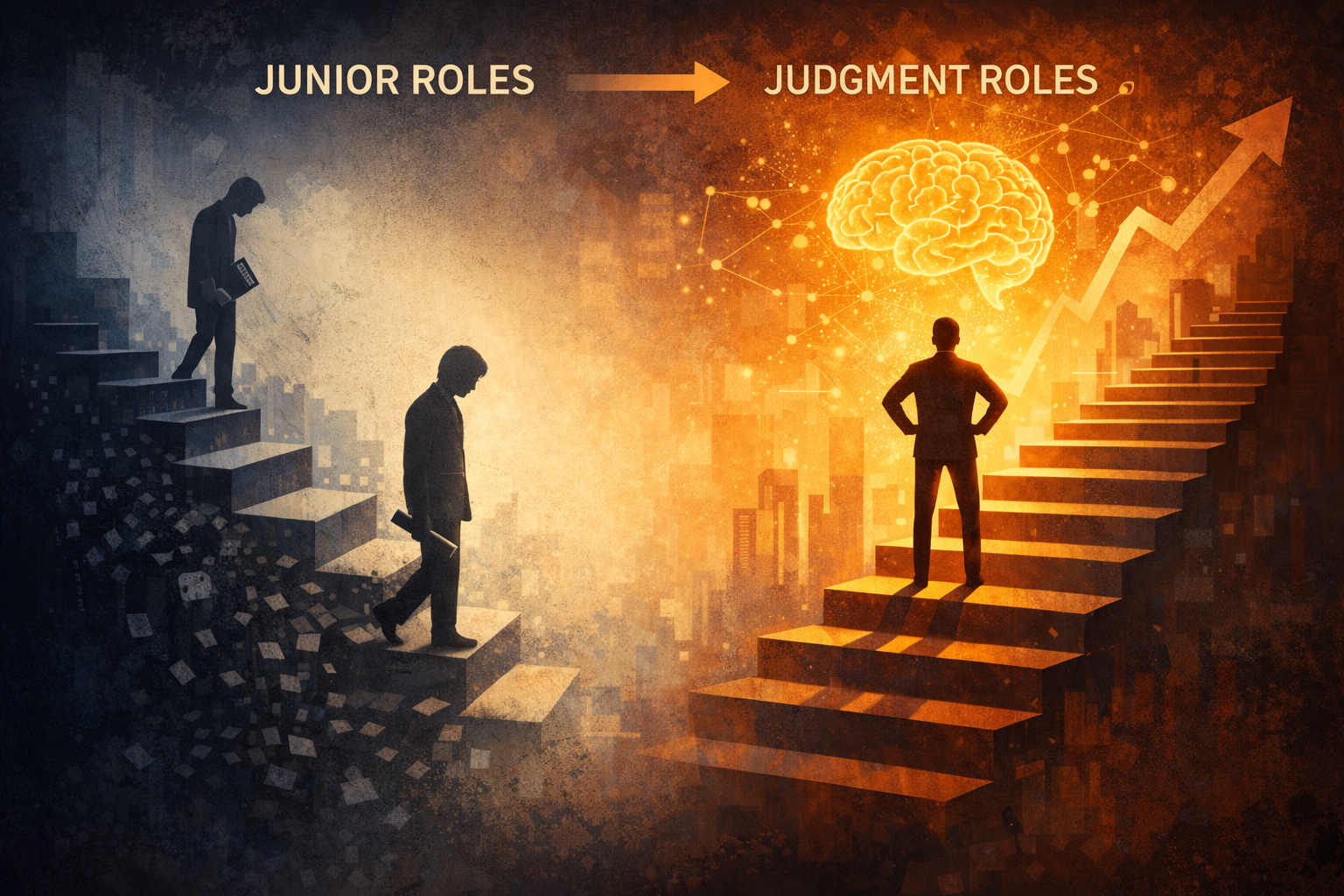 Abstract illustration showing junior roles fading on the left and judgment roles rising on the right, with a glowing brain and upward arrow symbolizing the shift toward human judgment and decision-making.