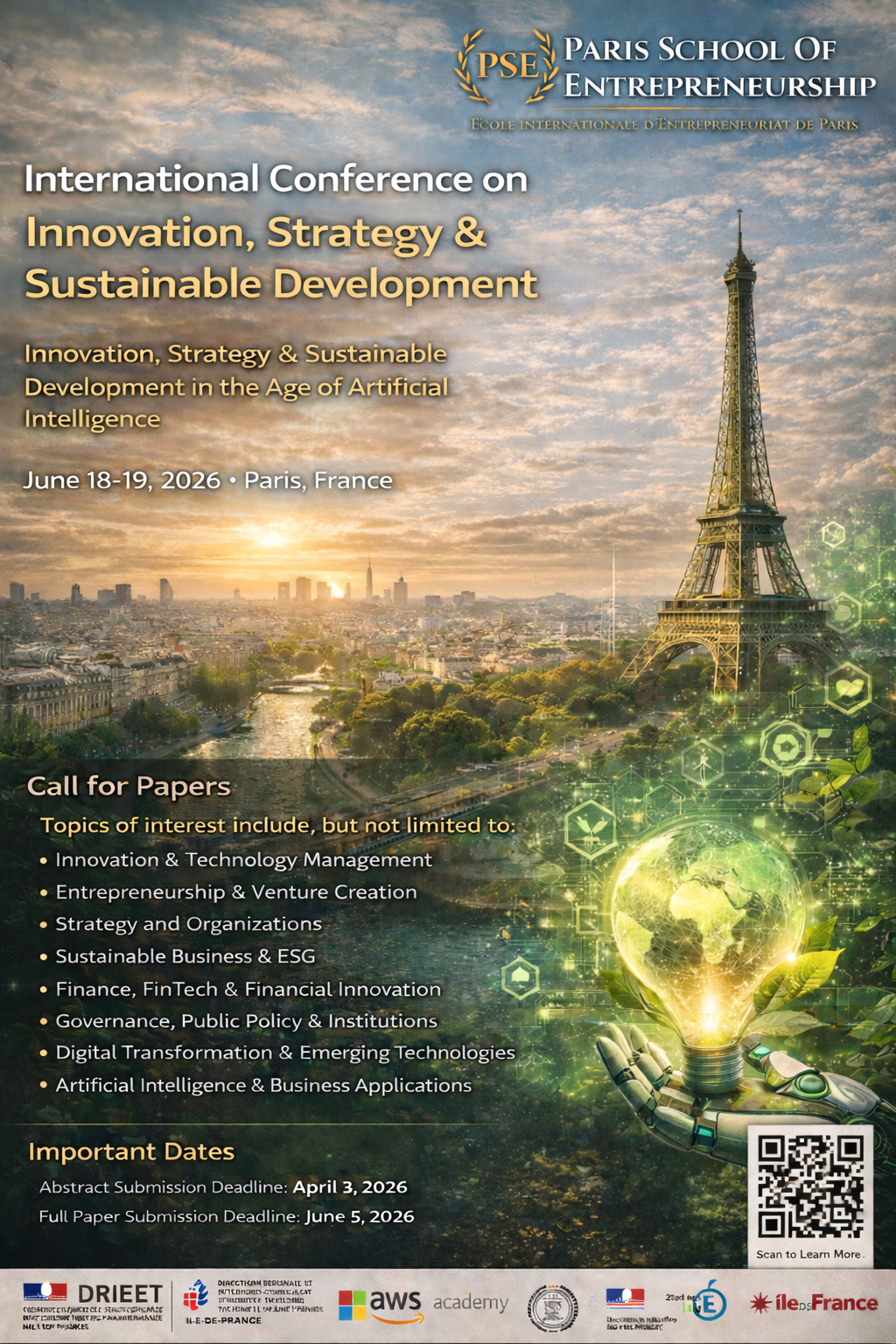 Poster for the International Conference on Innovation, Strategy and Sustainable Development hosted by the Paris School of Entrepreneurship in Paris, France, June 18–19, 2026.