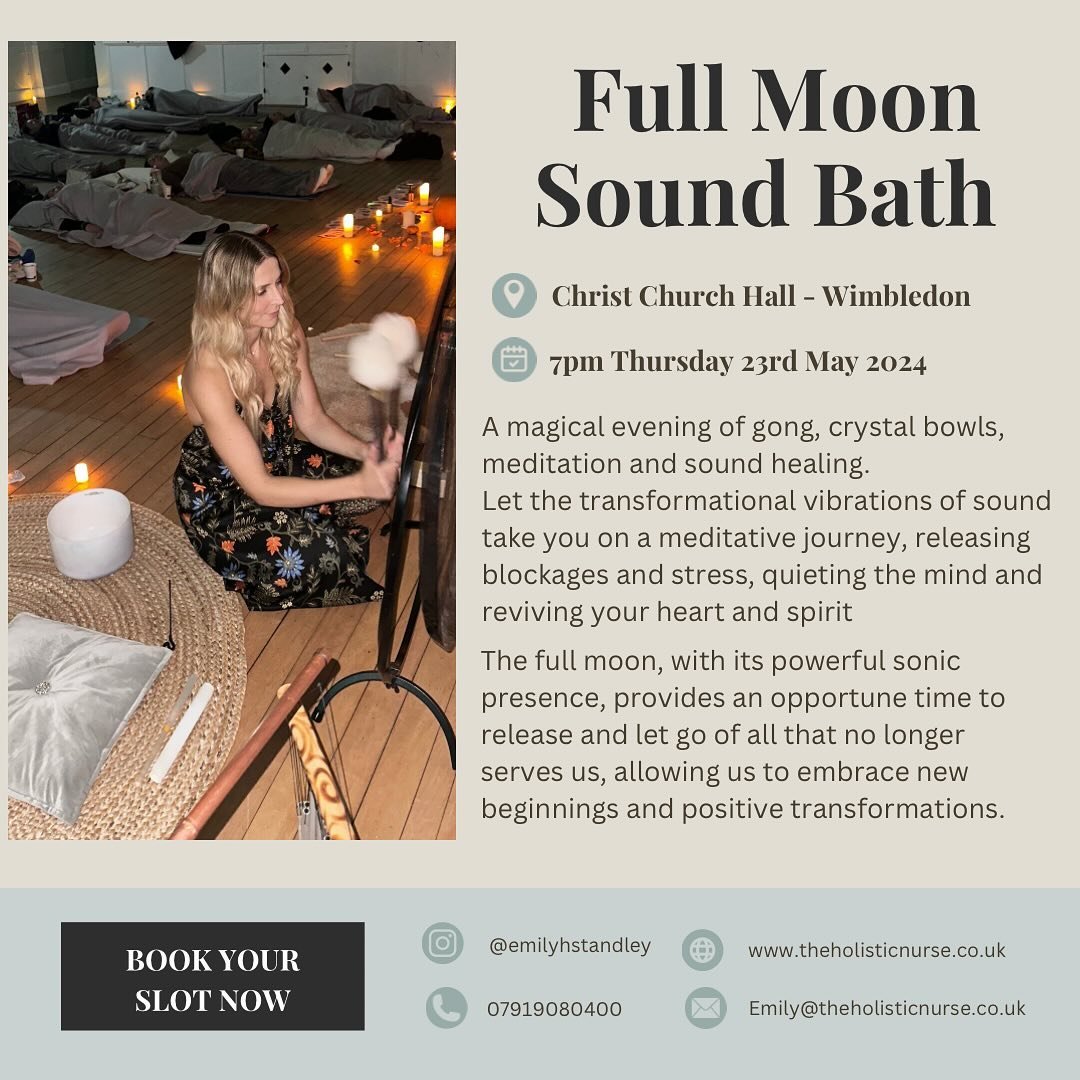 Join us for a truly enchanting evening under the full Moon on May 23rd at 7pm, at Christ Church Hall SW20. Immerse yourself in a symphony of soothing vibrations from gongs, alchemy crystal bowls, chimes, and other sonic instruments. Get ready to expe