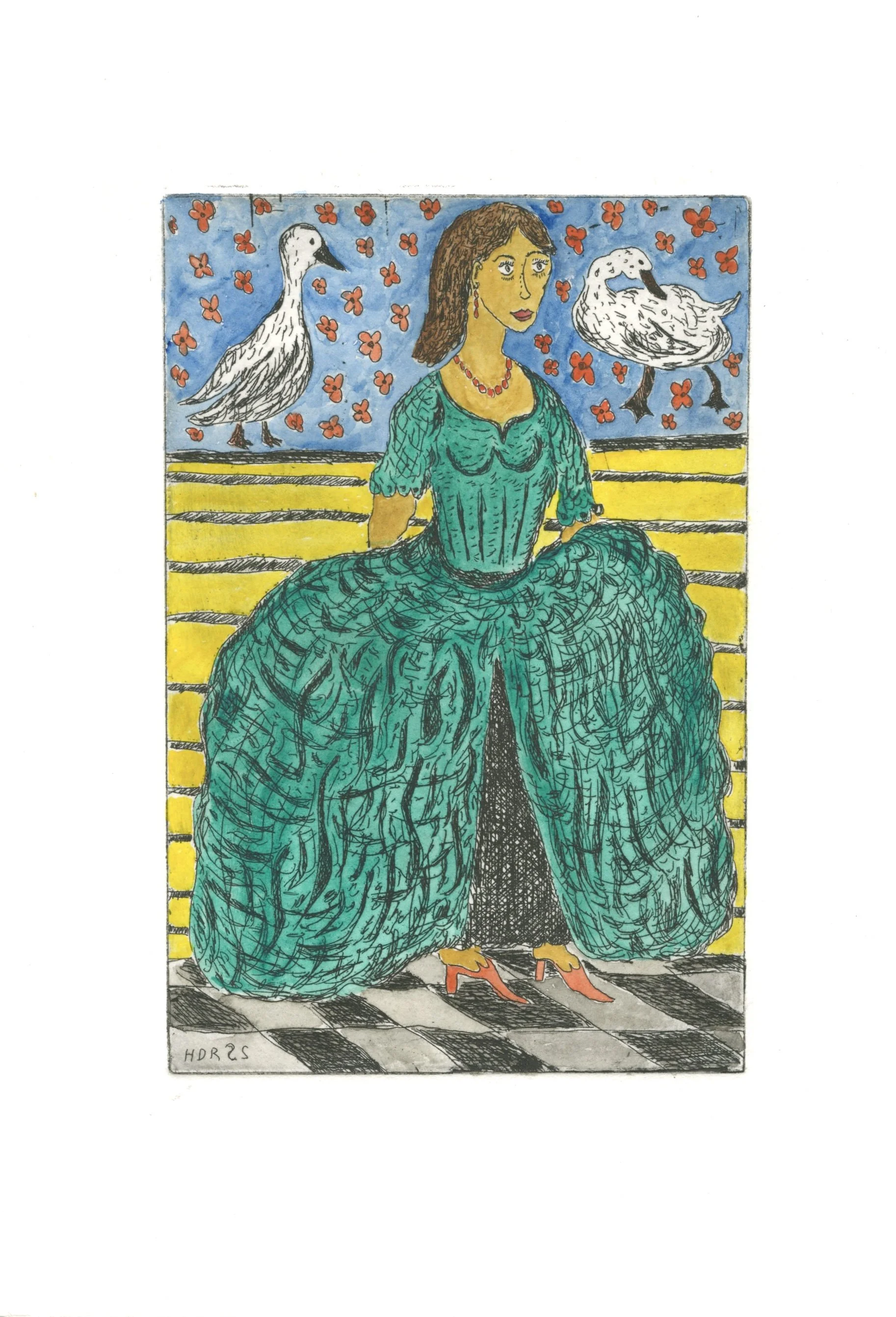 "Donna Della Oche", Etching and watercolor