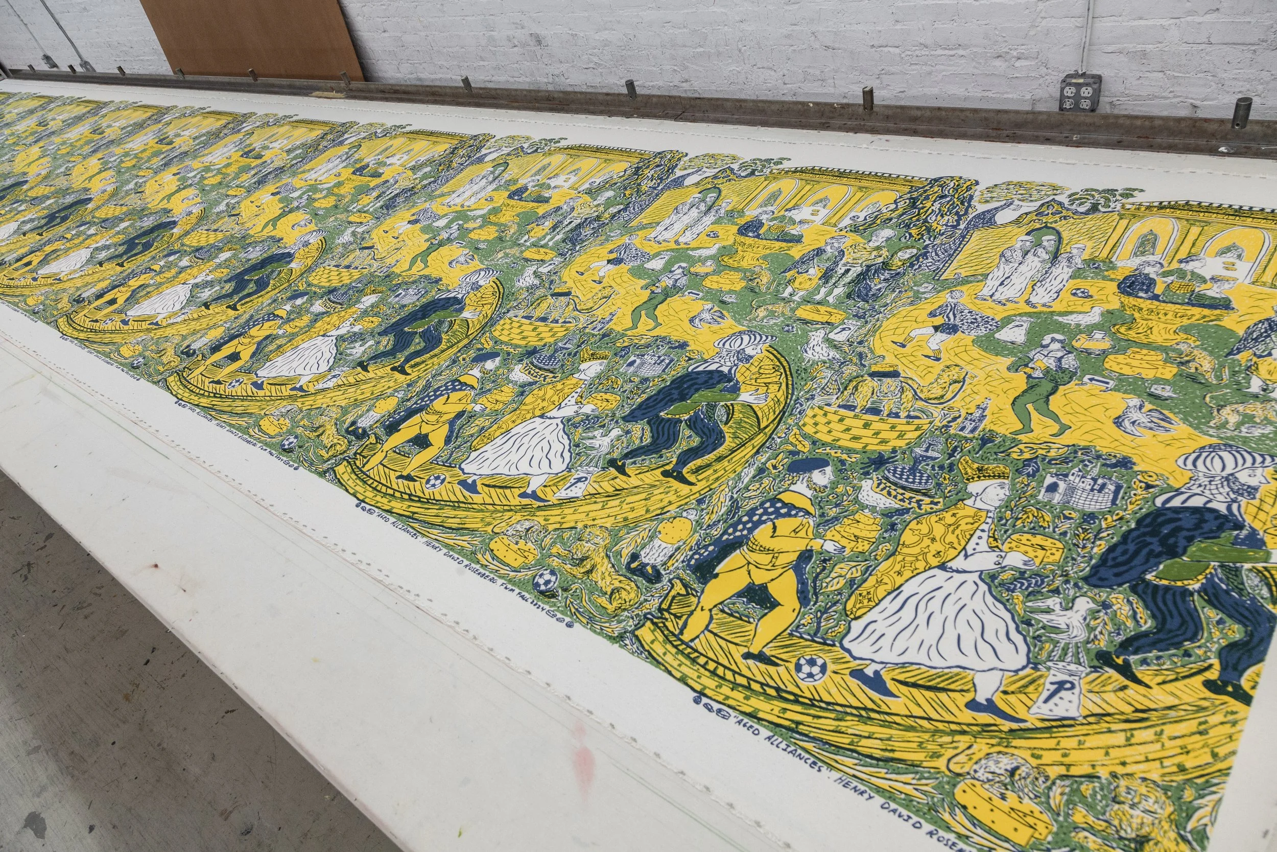 "Aged Alliances", 2024, Silkscreen on cotton sateen, 8 yards. Printed at Fabric Workshop and Museum