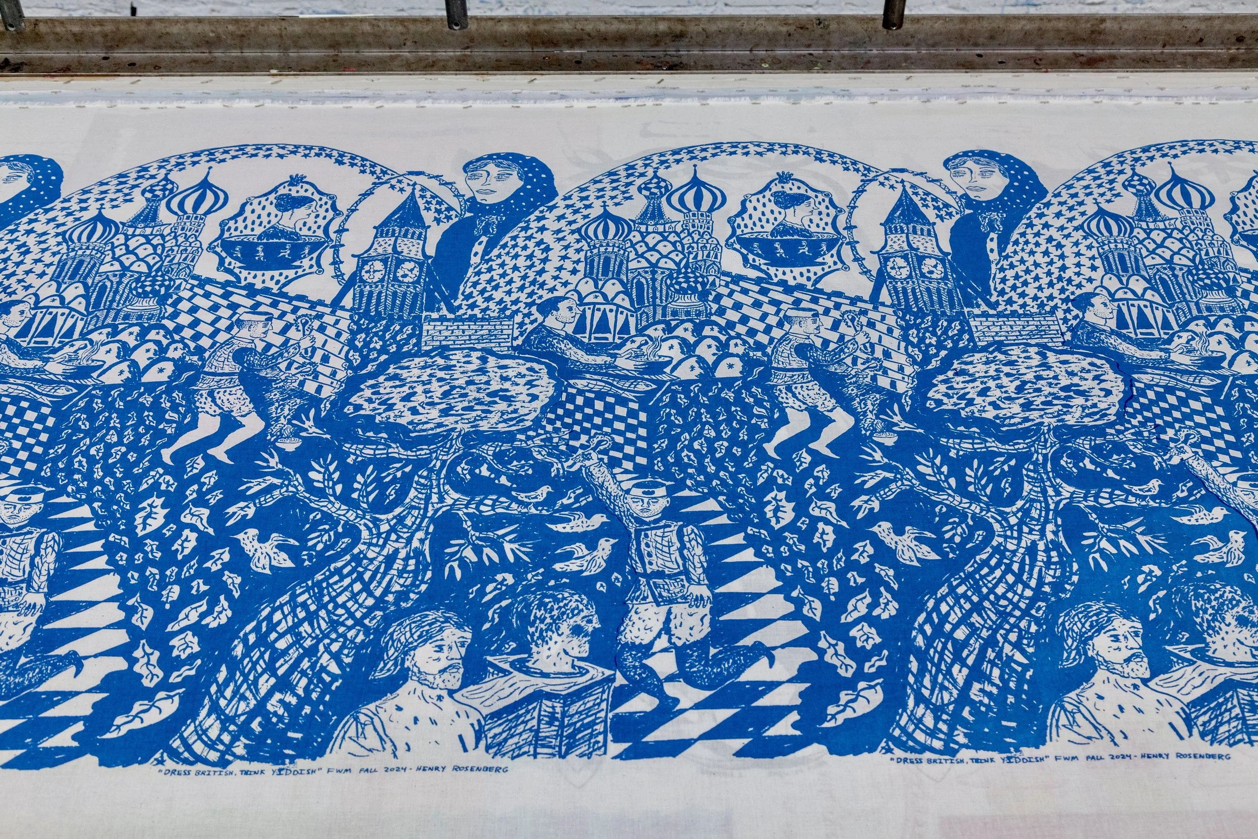 "Dress British, Think Yiddish", 2024, Screenprint on cotton sateen, 6+ yards. Printed at Fabric Workshop and Museum