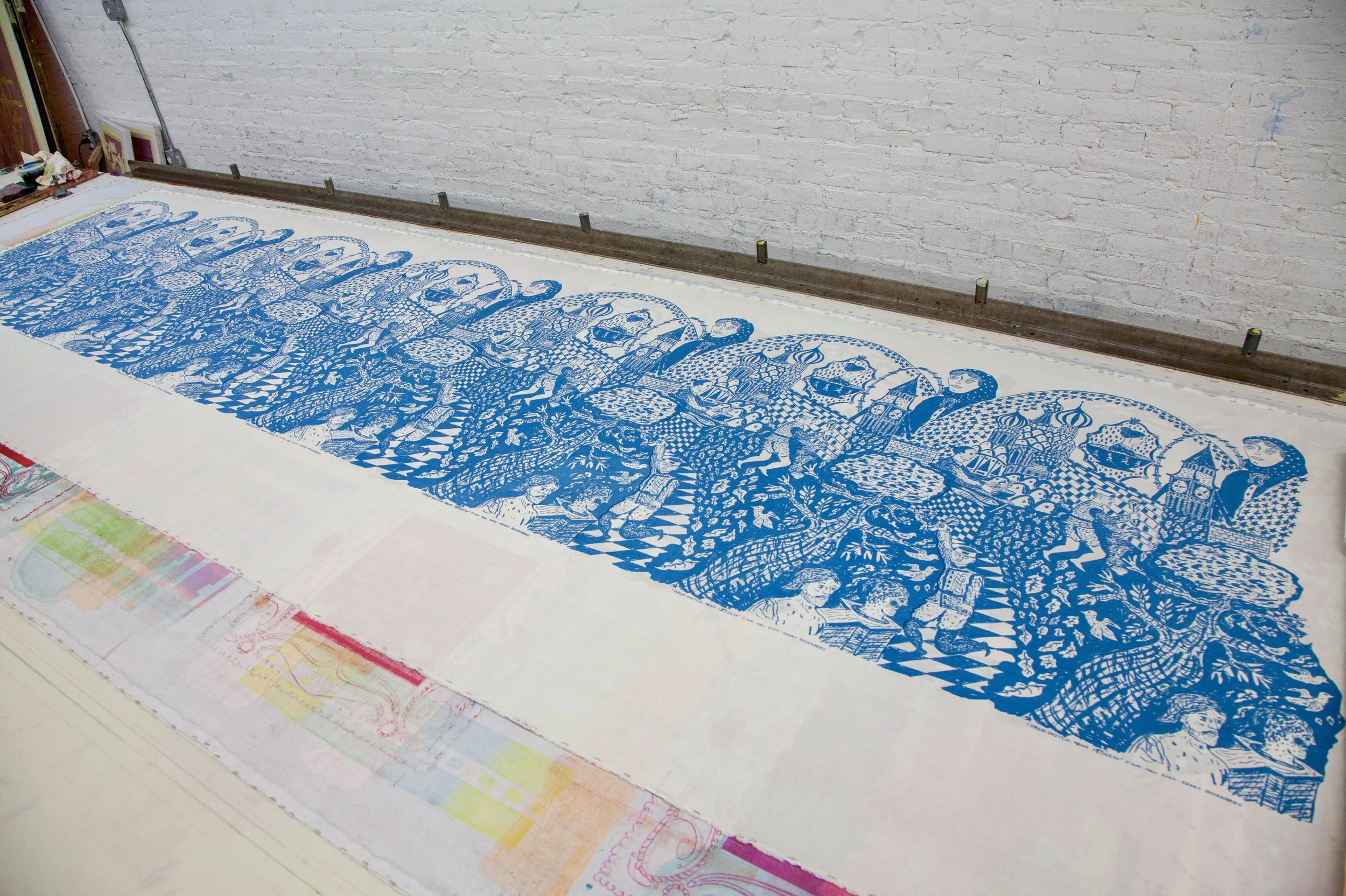 "Dress British, Think Yiddish", 2024, Screenprint on cotton sateen, 6+ yards. Printed at Fabric Workshop and Museum