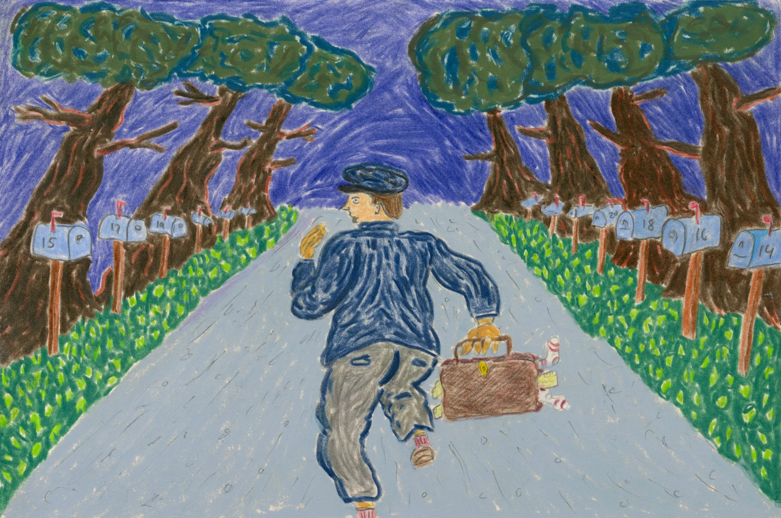 "The Flight of the Mailman", 2024, Colored pencil on paper  