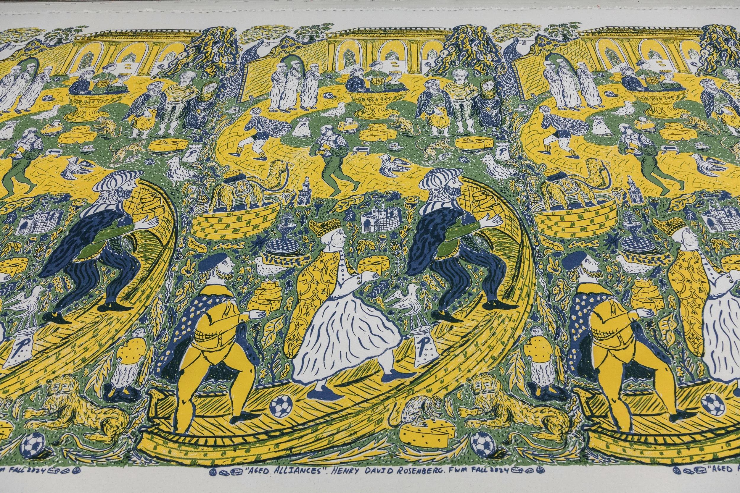 "Aged Alliances", 2024, Silkscreen on cotton sateen, 8 yards. Printed at Fabric Workshop and Museum