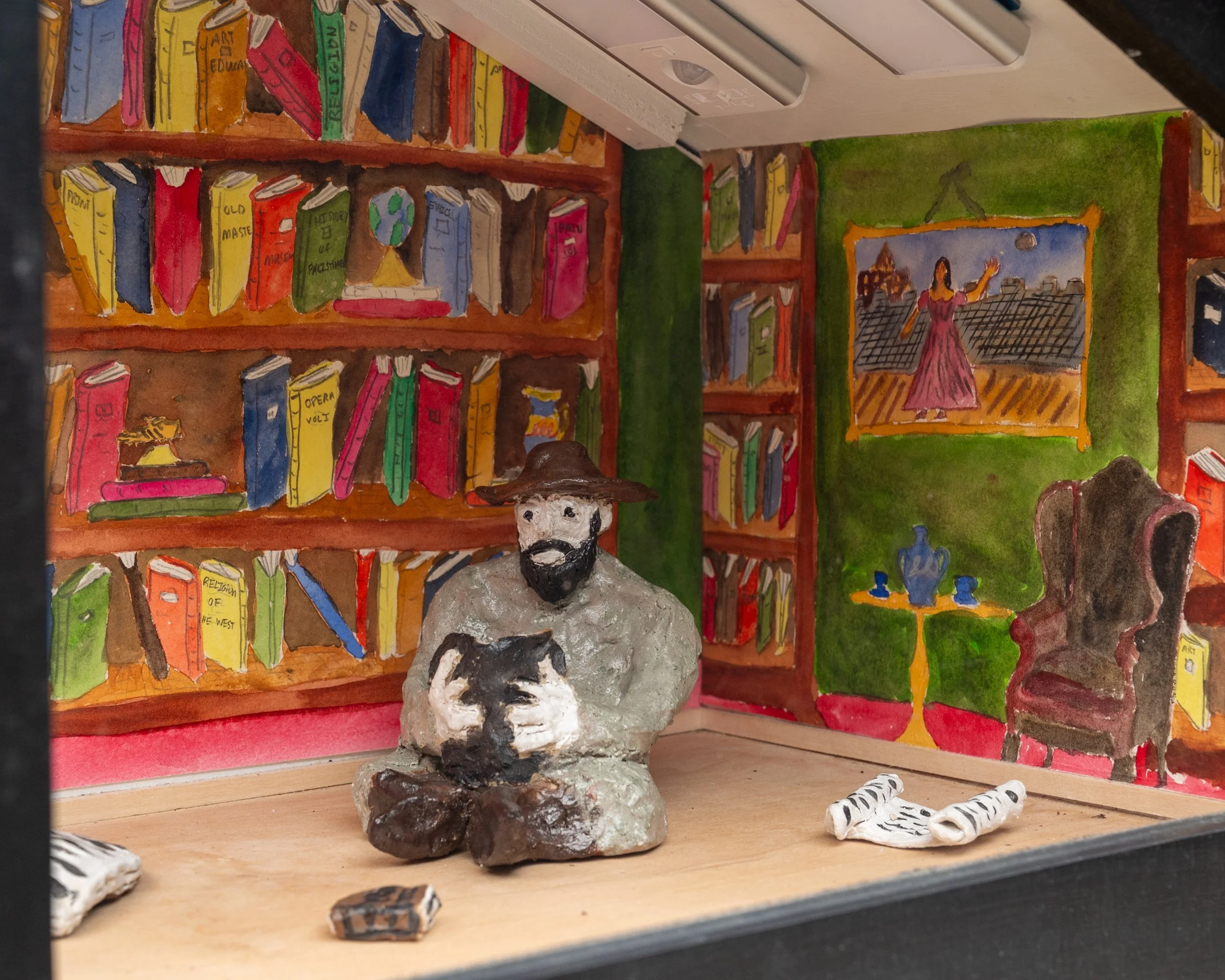 “The Narrator” (2025), Installation of Glazed Ceramic and Watercolor on Paper
Mega Gallery, Philadelphia, PA
