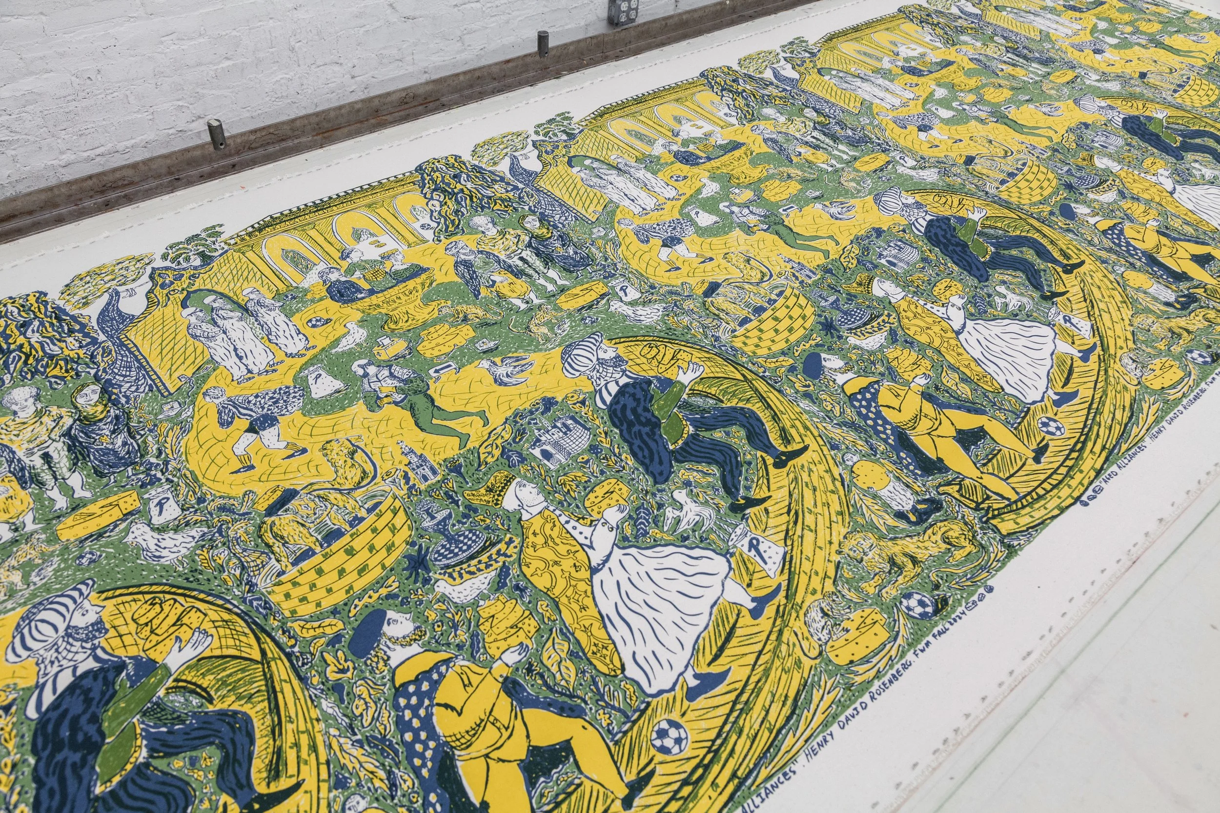 "Aged Alliances", 2024, Silkscreen on cotton sateen, 8 yards. Printed at Fabric Workshop and Museum