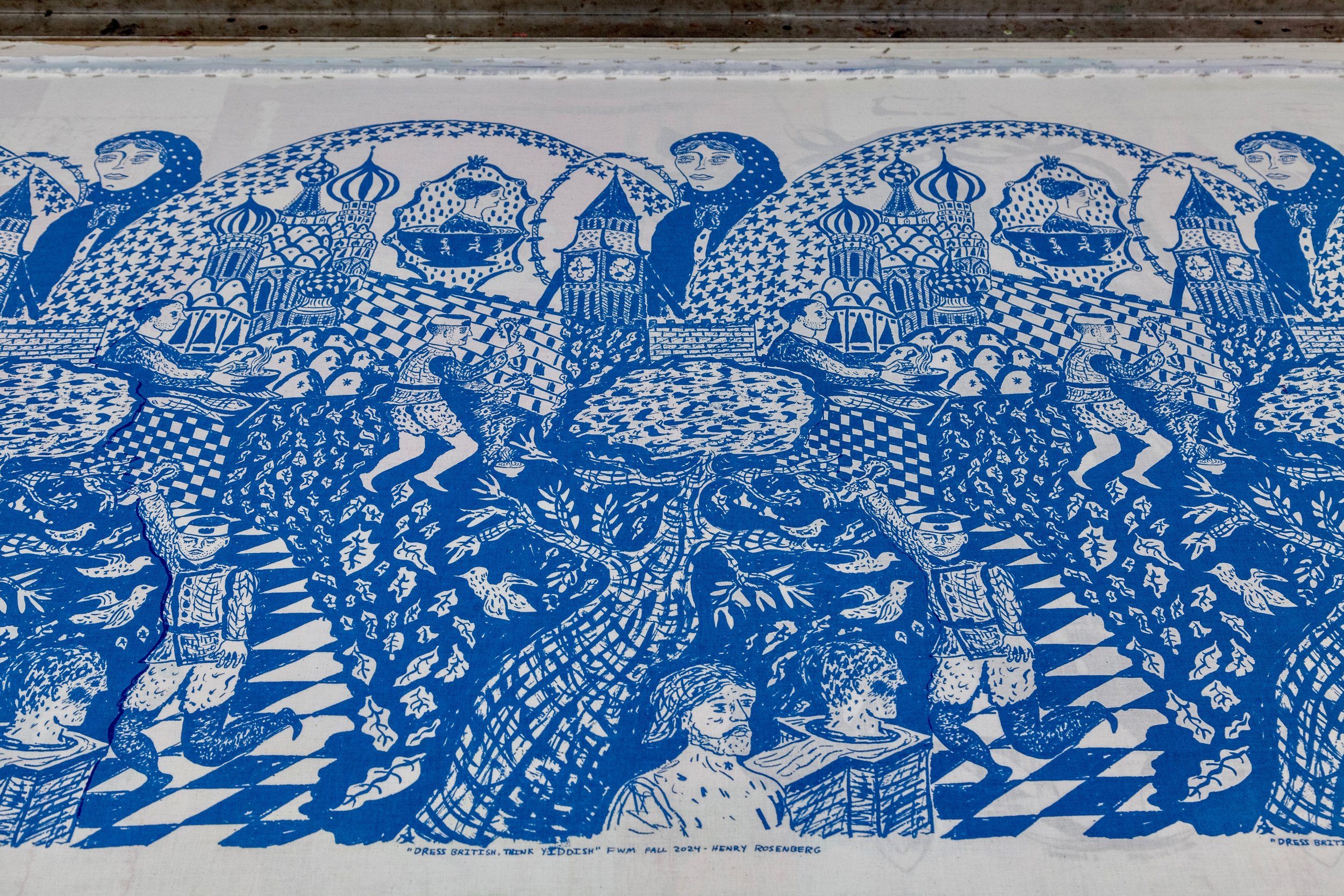 "Dress British, Think Yiddish", 2024, Screenprint on cotton sateen, 6+ yards. Printed at Fabric Workshop and Museum