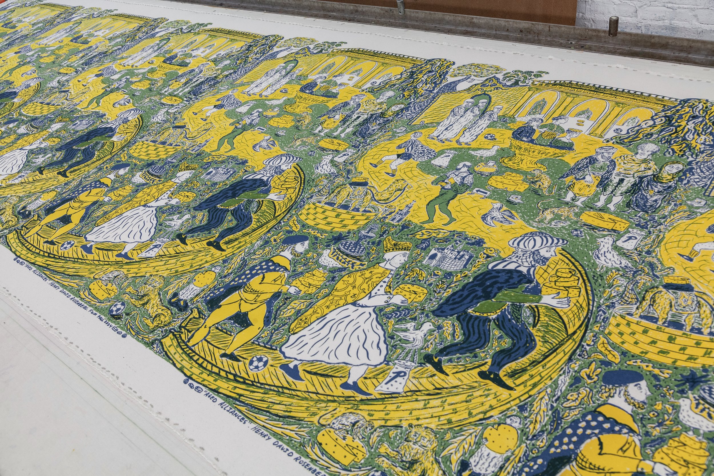 "Aged Alliances", 2024, Silkscreen on cotton sateen, 8 yards. Printed at Fabric Workshop and Museum