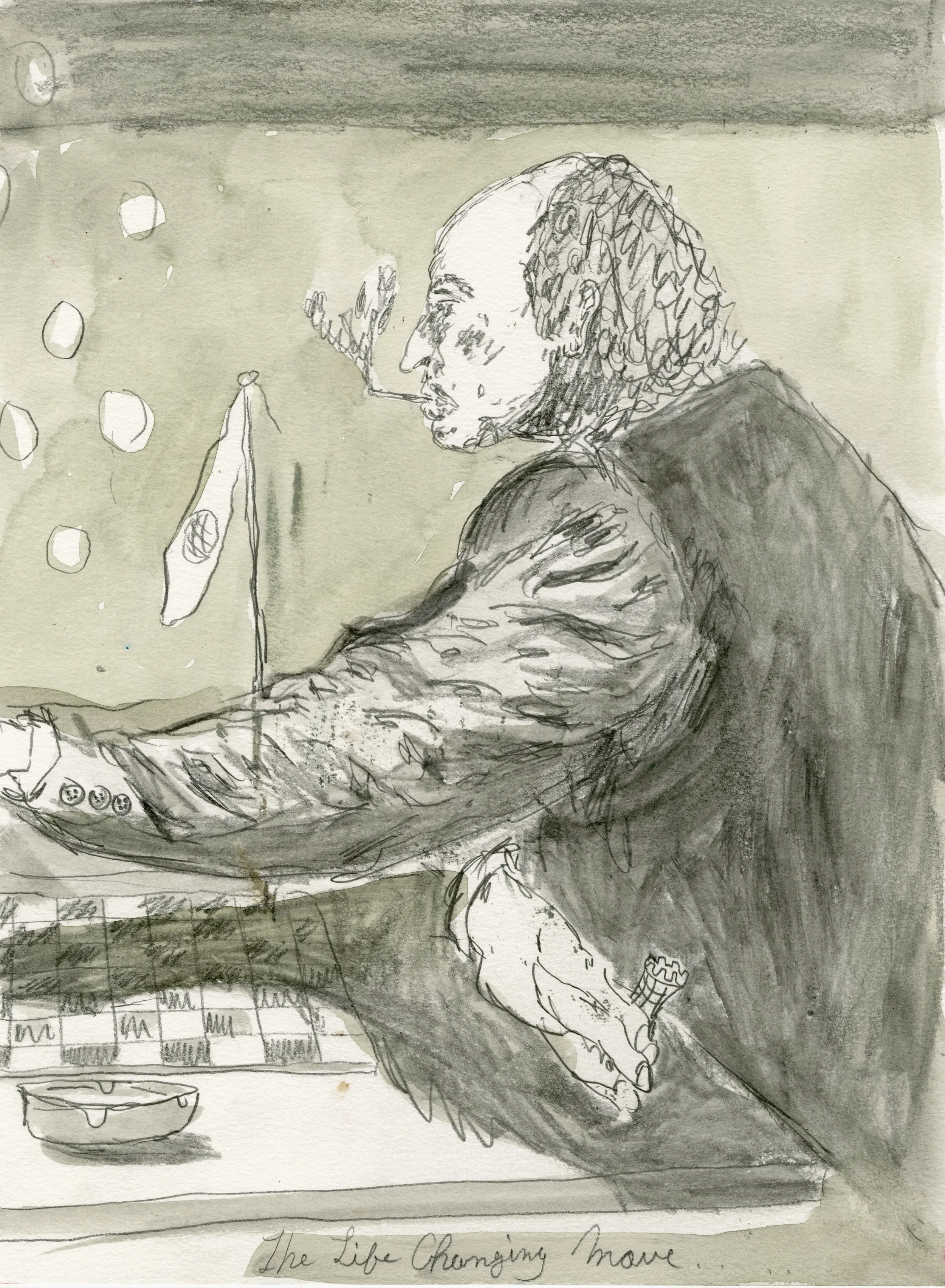 “Only to Fools”, Sweat, graphite, watercolor on paper, 15” x 11”