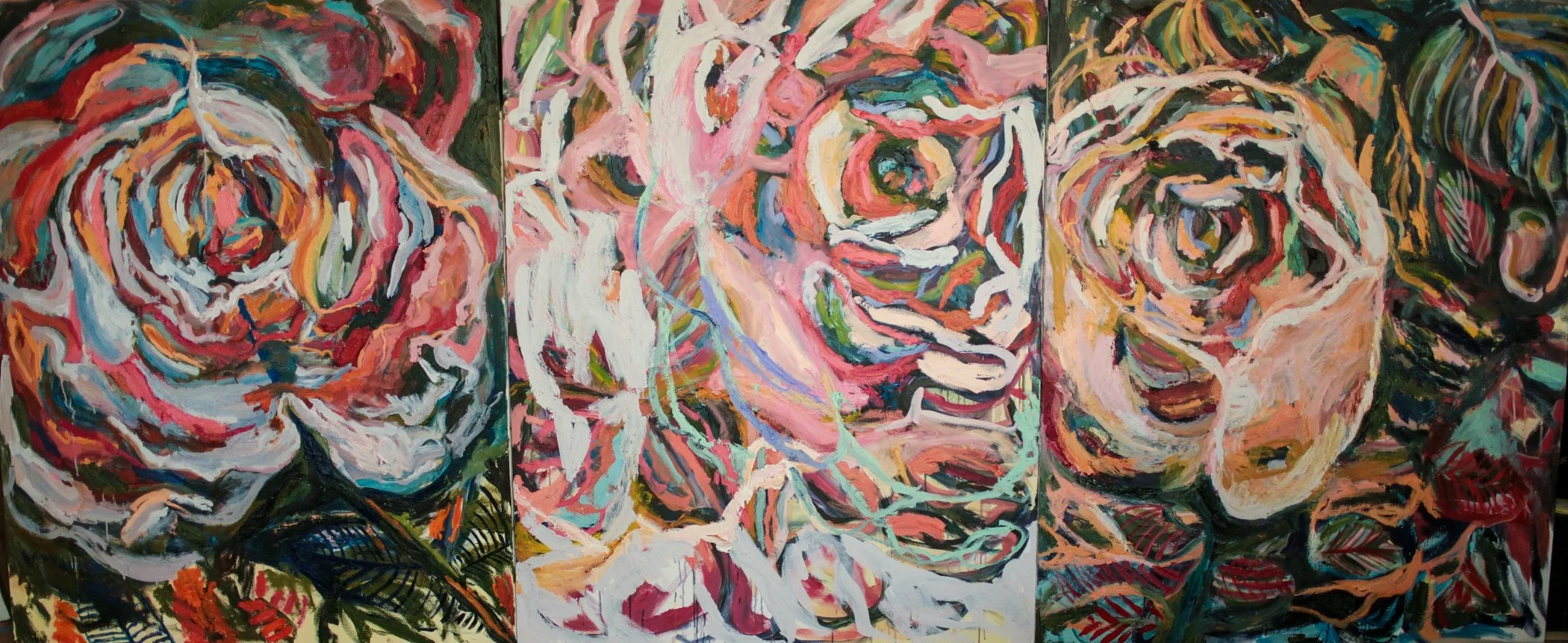 Three large rose paintings by Erin Smith side by side: Still Standing, An Invitation and A Night Out, oil on canvas