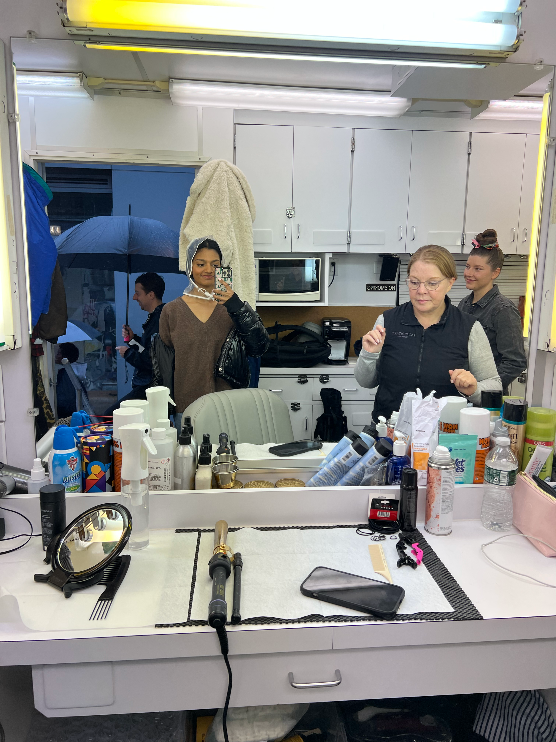 Rainy day on set for RELAY