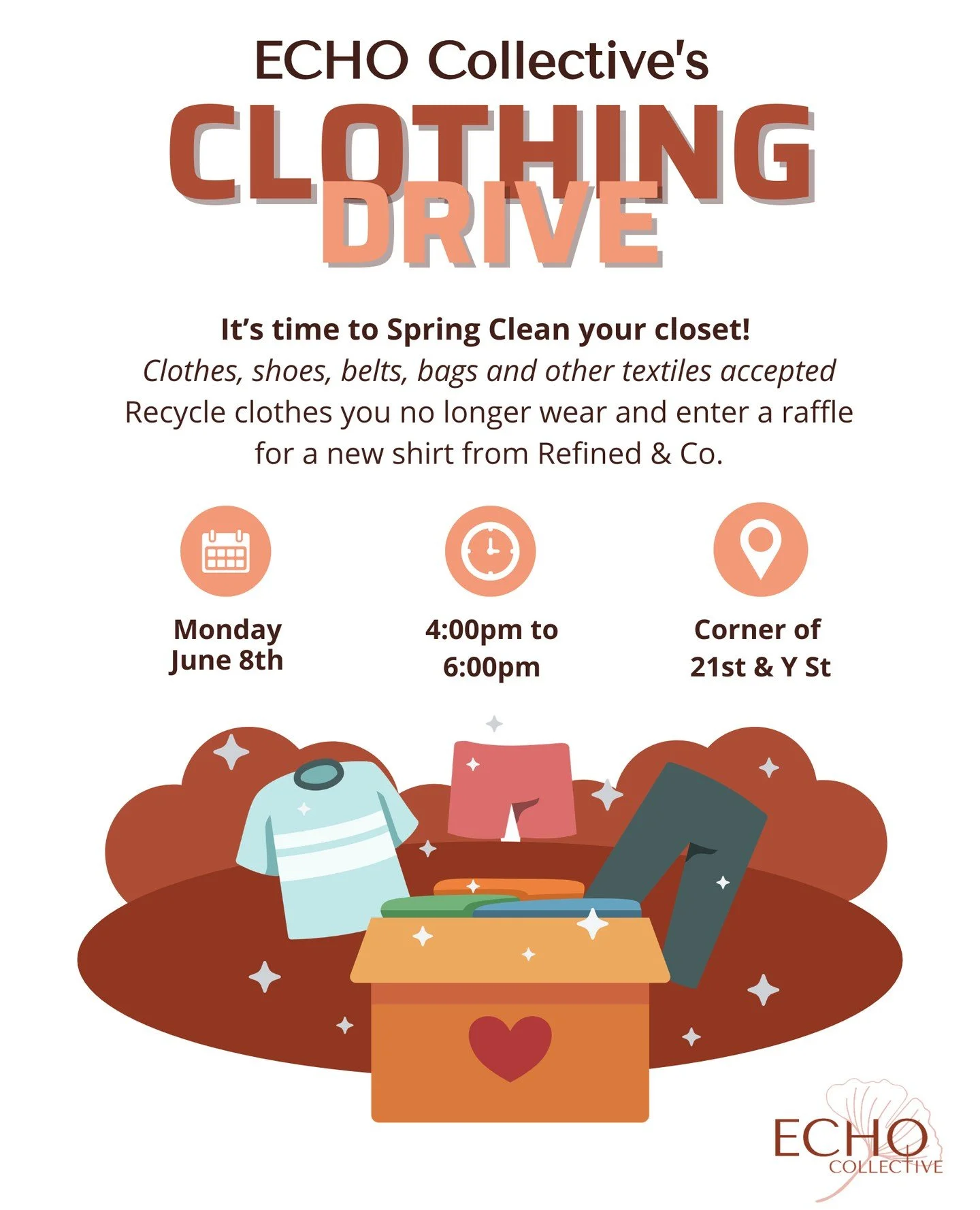 Spring clean your closet with ECHO Collective! 🌼⁠ Visit us on Monday.⁠
⁠
Join us on Monday, June 8th, from 4:00-6:00pm at our textile recycling bin. Bring any clothes, shoes, bags, and belts that you no longer use and enter a raffle for an ECHO t-sh