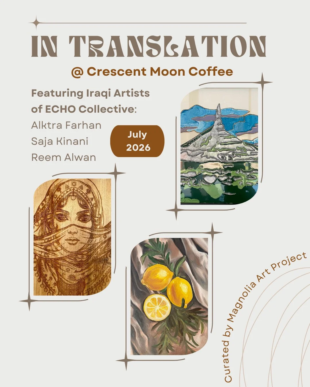 Enjoy a beverage at Crescent Moon Coffee and browse artwork created by ECHO graduates throughout July!⁠
⁠
Featured artisans:⁠
Alktra Farhan, @art__by__alktra⁠
Reem Alwan, @reemstudio⁠
Saja Kinani, @saja.craft.usa⁠
⁠
This show is curated by Amber Nore
