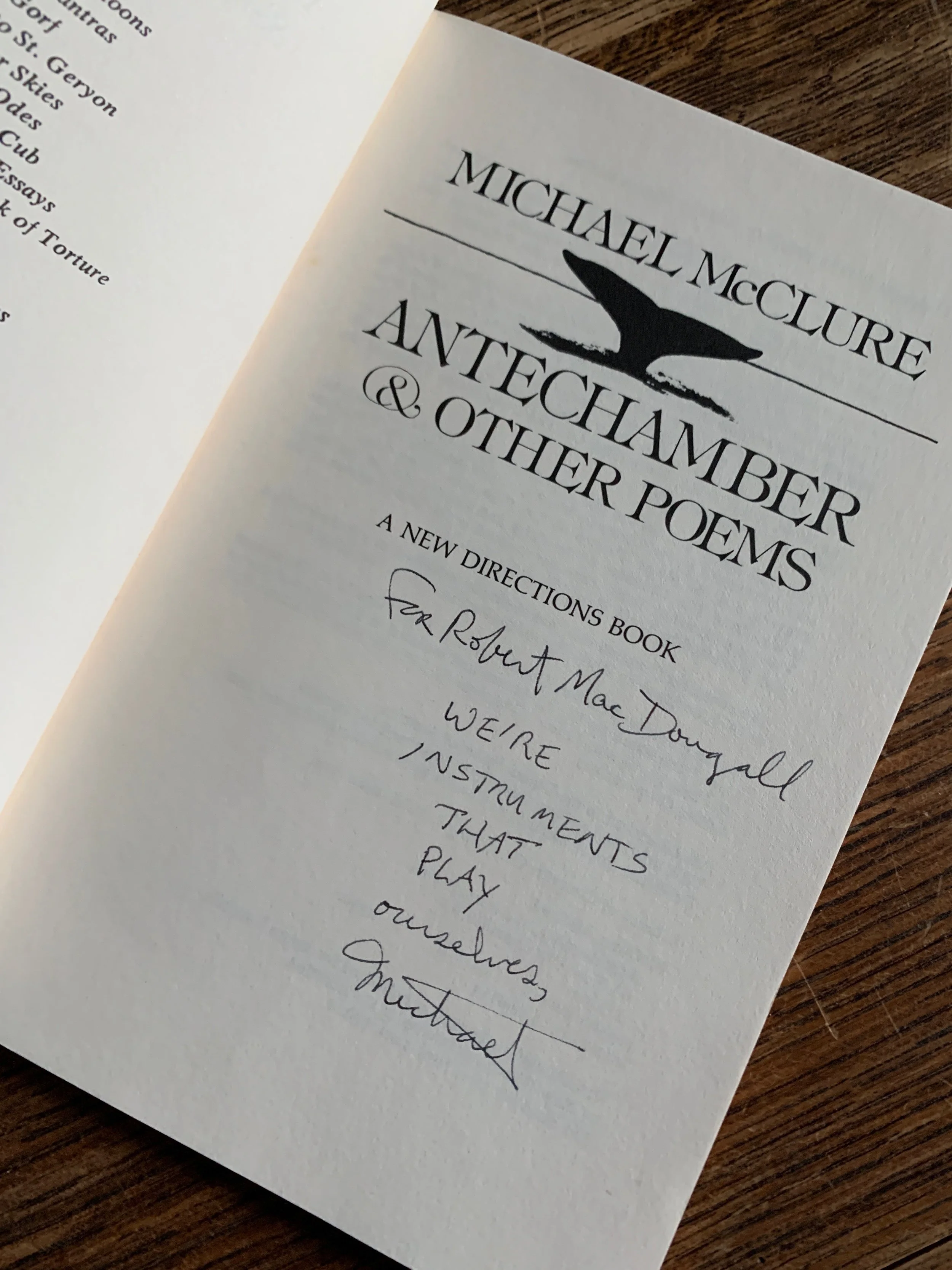 Signed/Inscribed Michael McClure "Antechamber & Other Poems" paperback