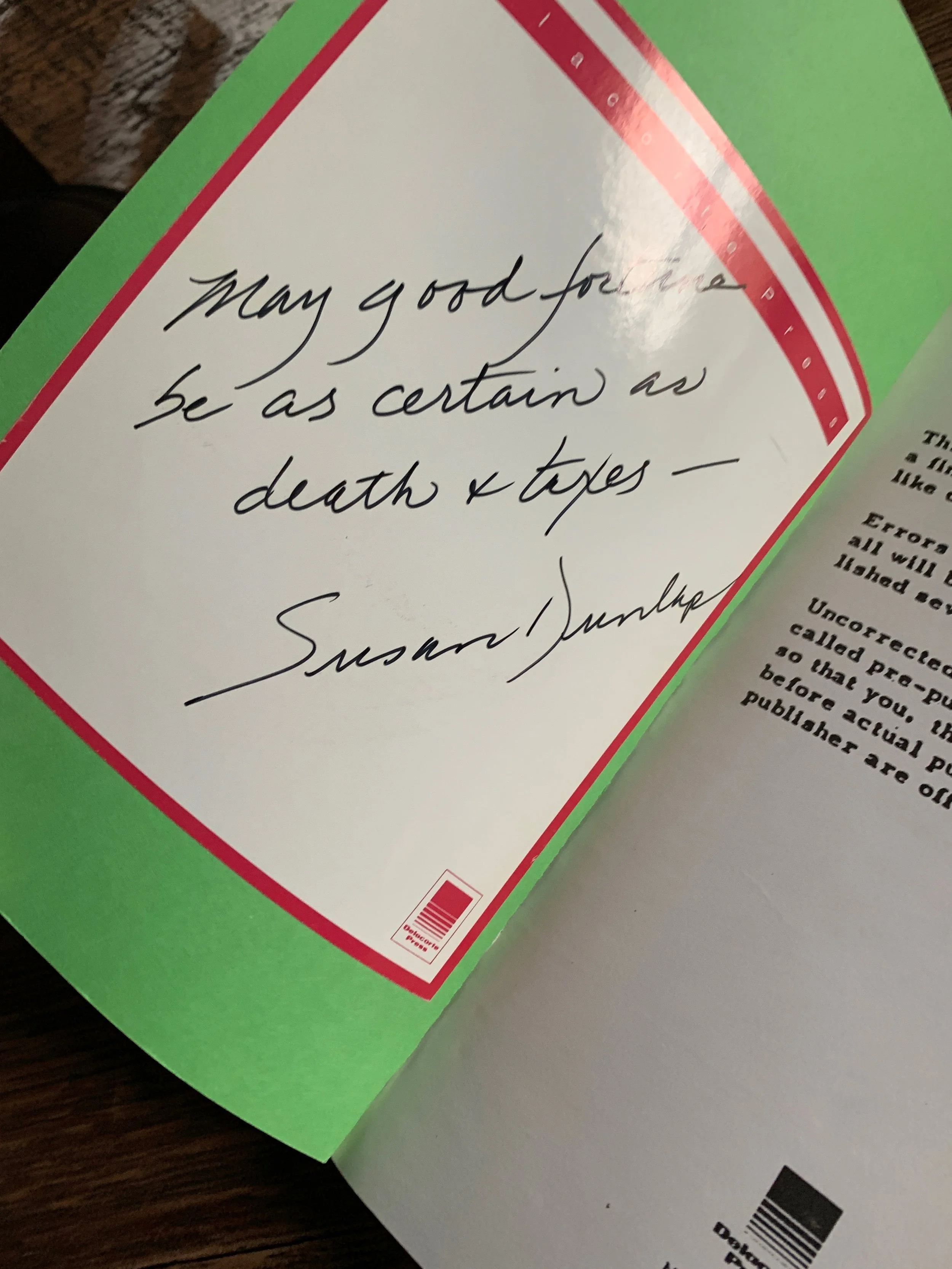 DOUBLE SIGNED Susan Dunlap "Death and Taxes" 1st edition Uncorrected Proof paperback with full number line.
