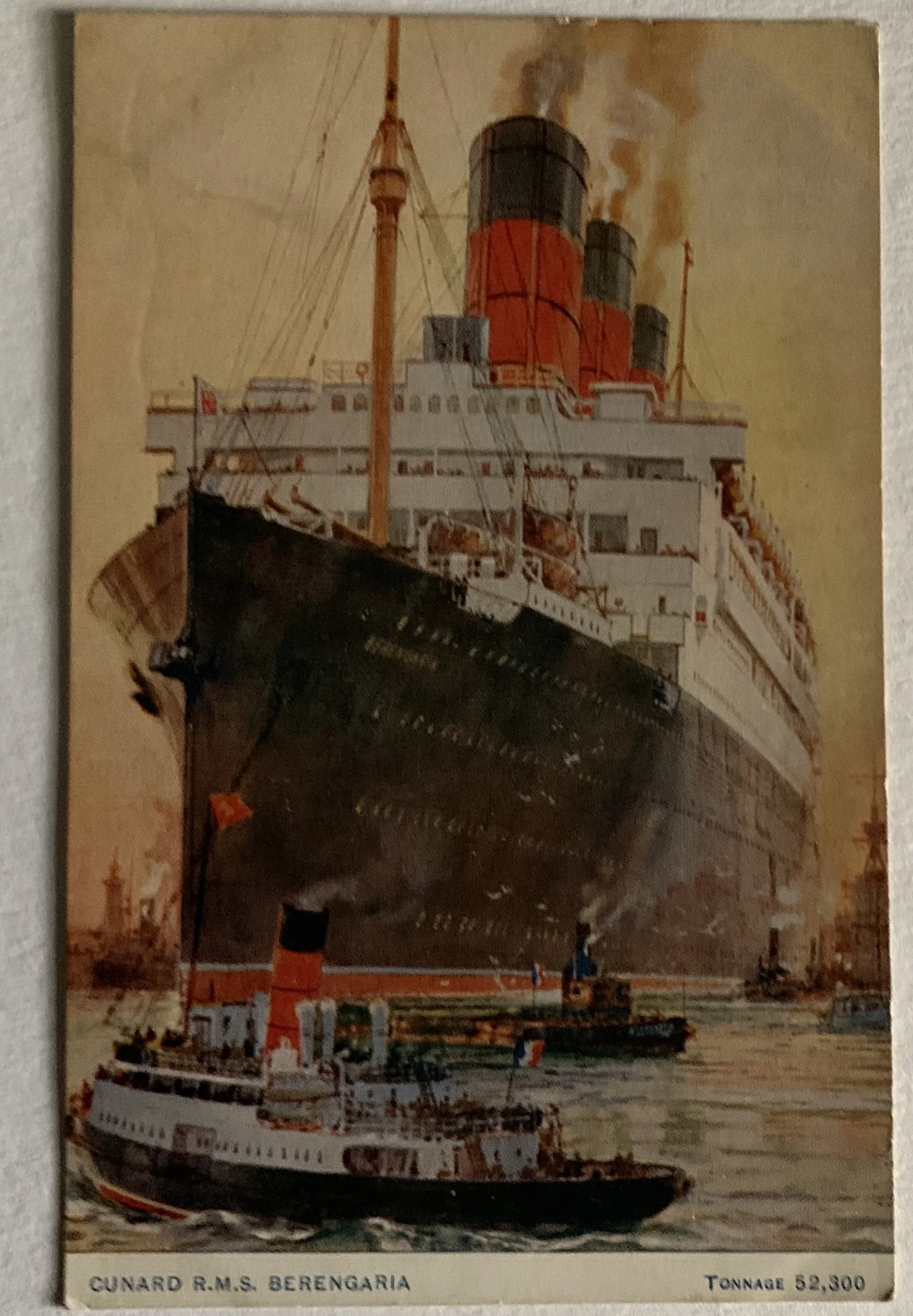 1939 Postcard of the R.M.S. Berengaria in port with dated writing on back.